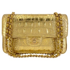 Chanel 19A Gold Crocodile Print Small Classic Double Flap Egyptian Bag GHW 68719
