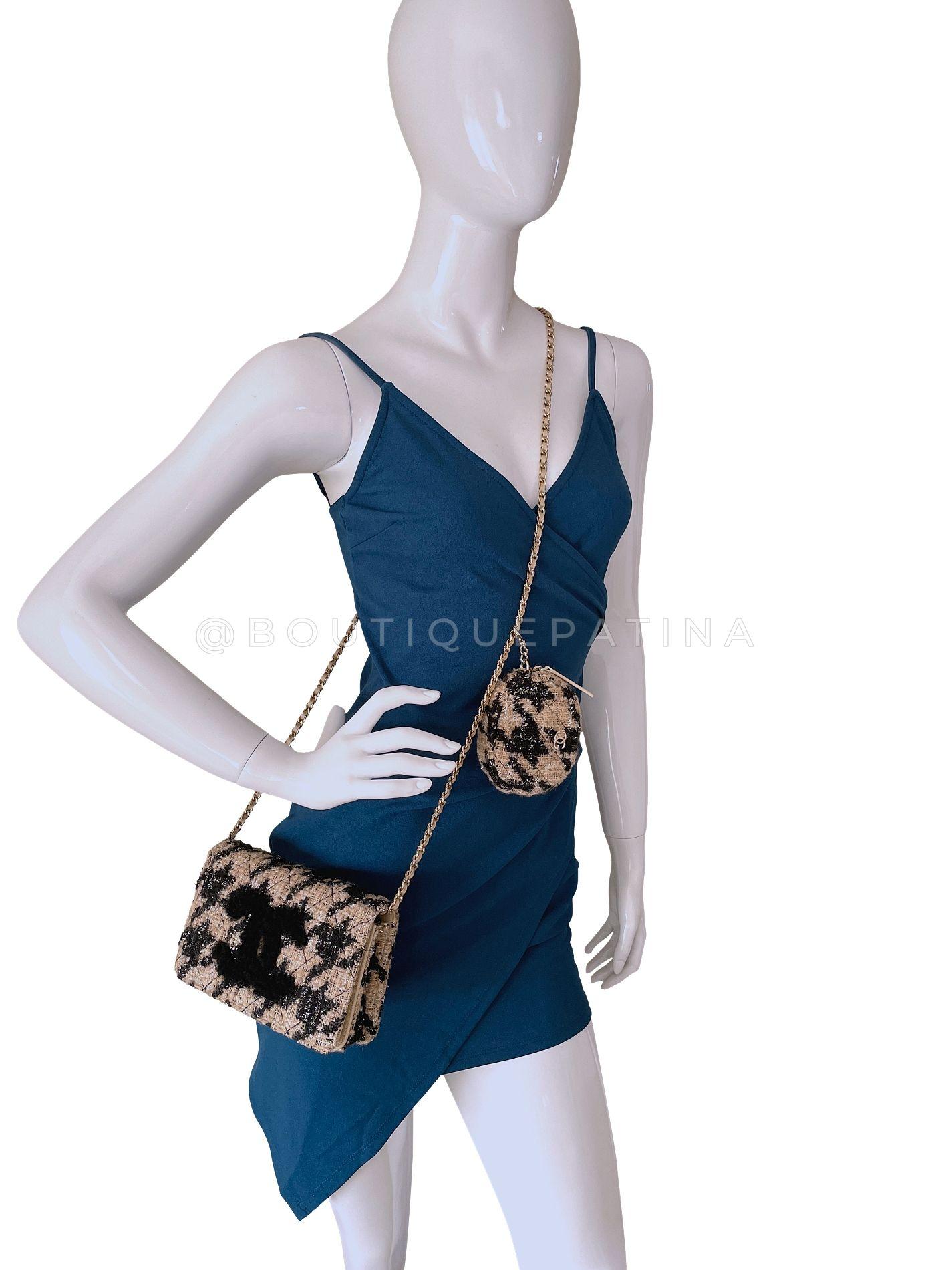 Chanel 19A Houndstooth Tweed Beige Black WOC Wallet on Chain Set Bag 68024 in vendita 12