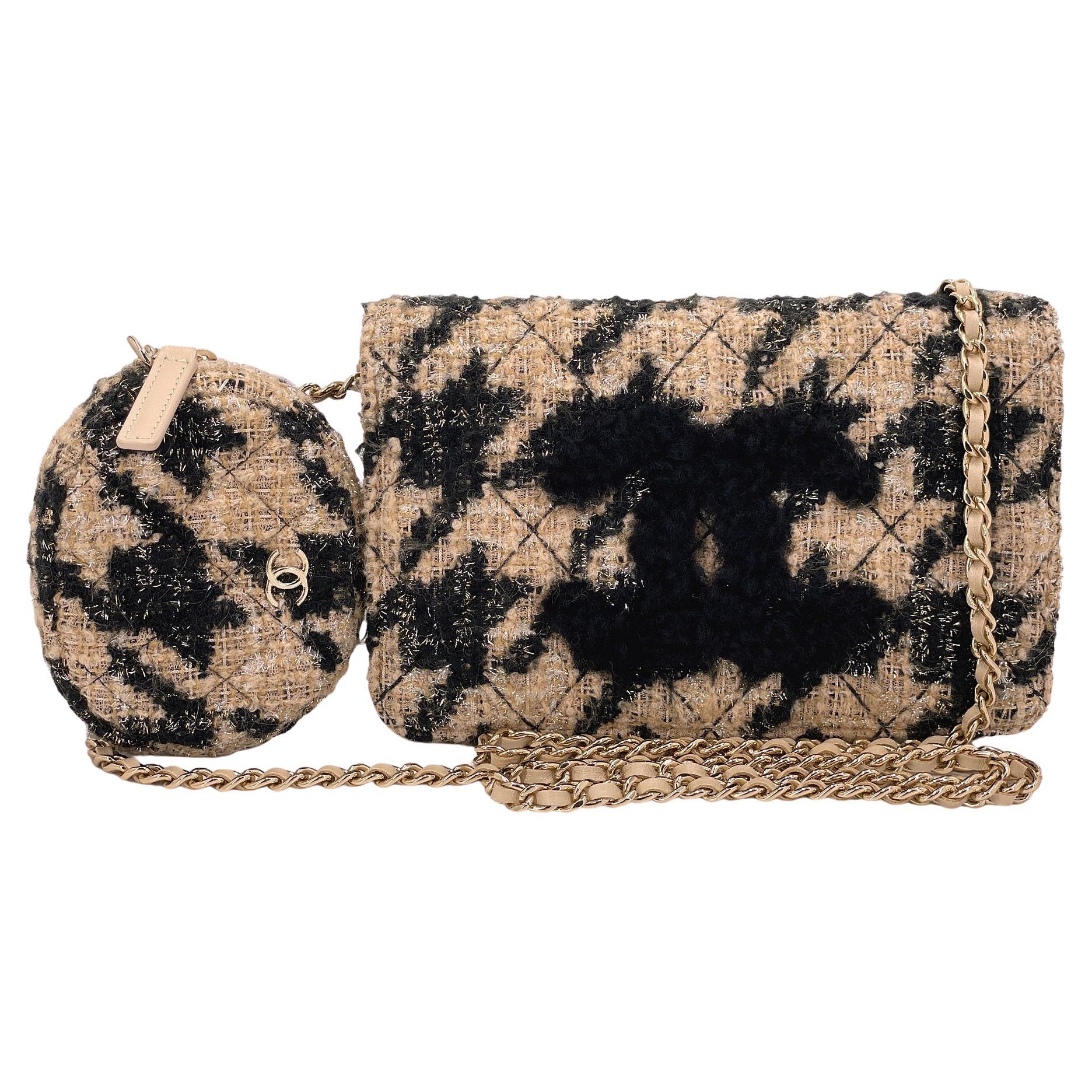 Chanel 19A Houndstooth Tweed Beige Black WOC Wallet on Chain Set Bag 68024