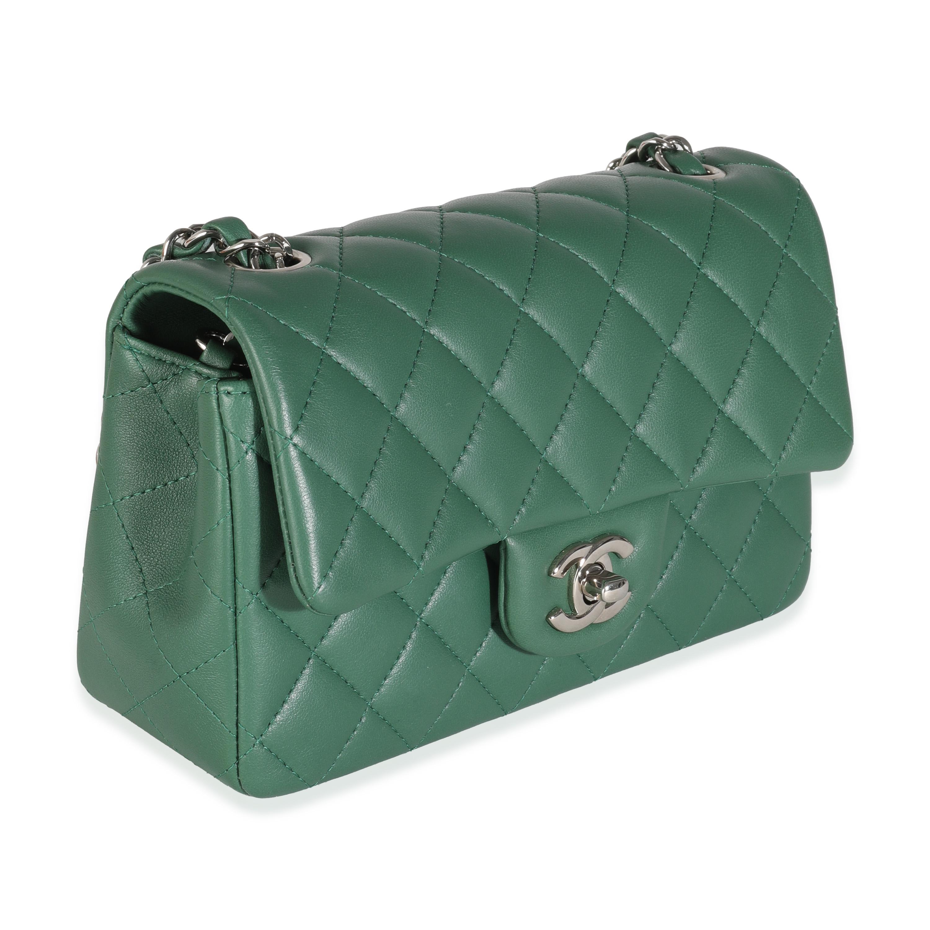 Gray Chanel 19B Dark Green Quilted Lambskin Mini Rectangular Flap Bag For Sale