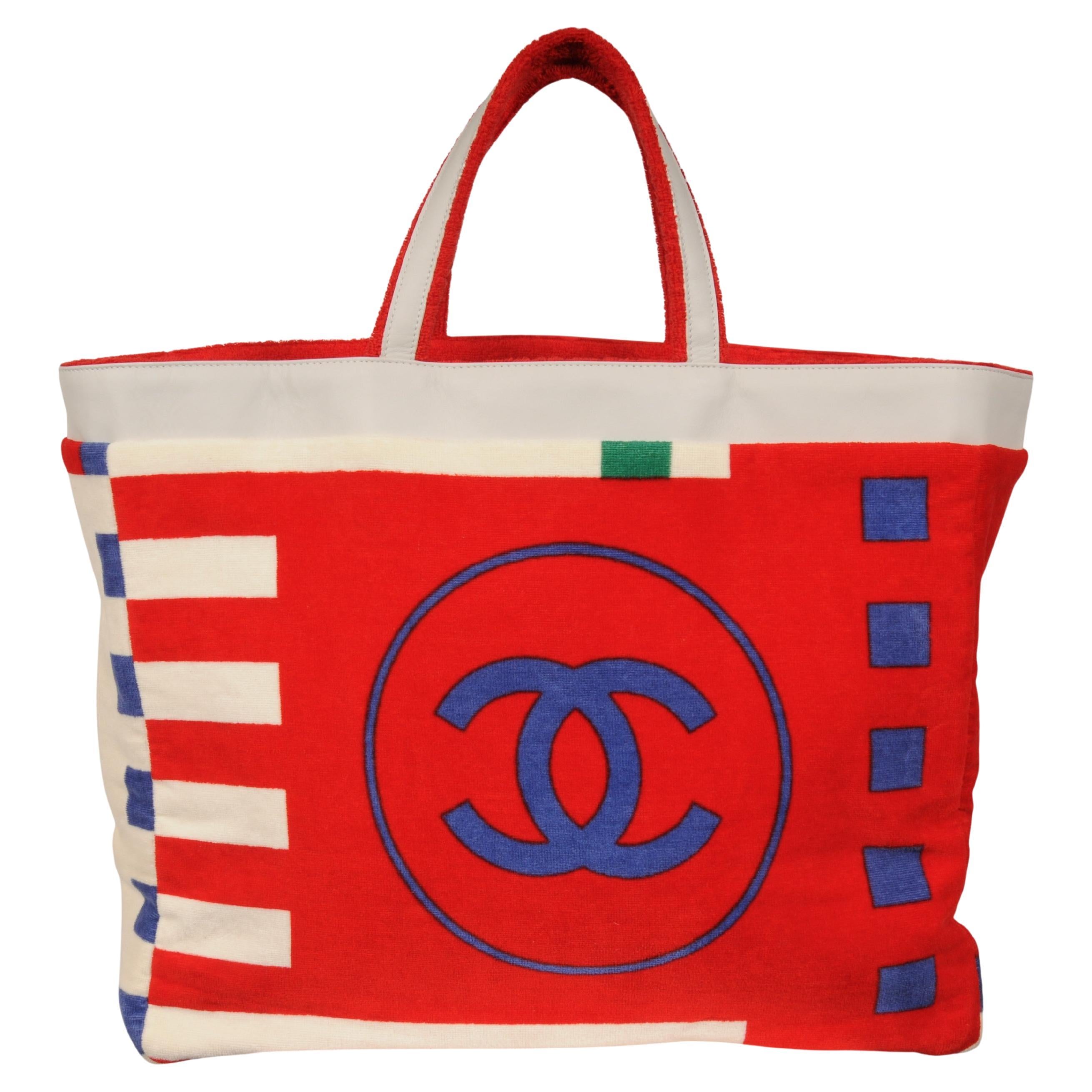 Pre-owned Chanel 19c Cc Terry Tote Bag Red Blue Beige Cotton Leather Trim Travel Beach Bag