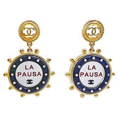 Chanel 19C La Pausa Mirror Drop Earrings Navy Blue Gold 66173