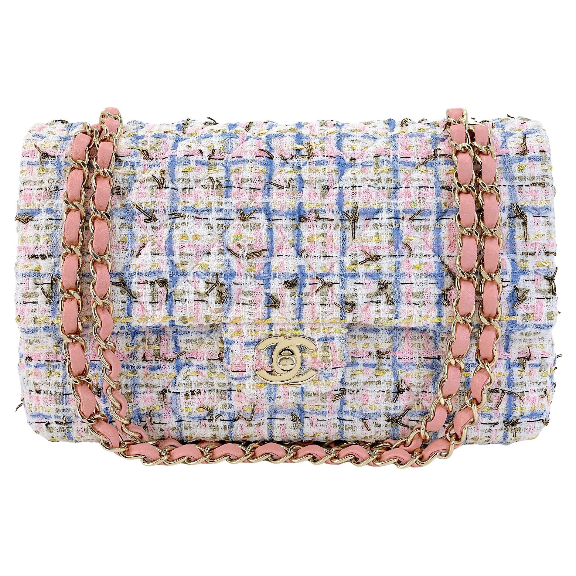 Chanel 19C Pink Tweed Boucle Medium Classic Double Flap Bag GHW 68176 For Sale