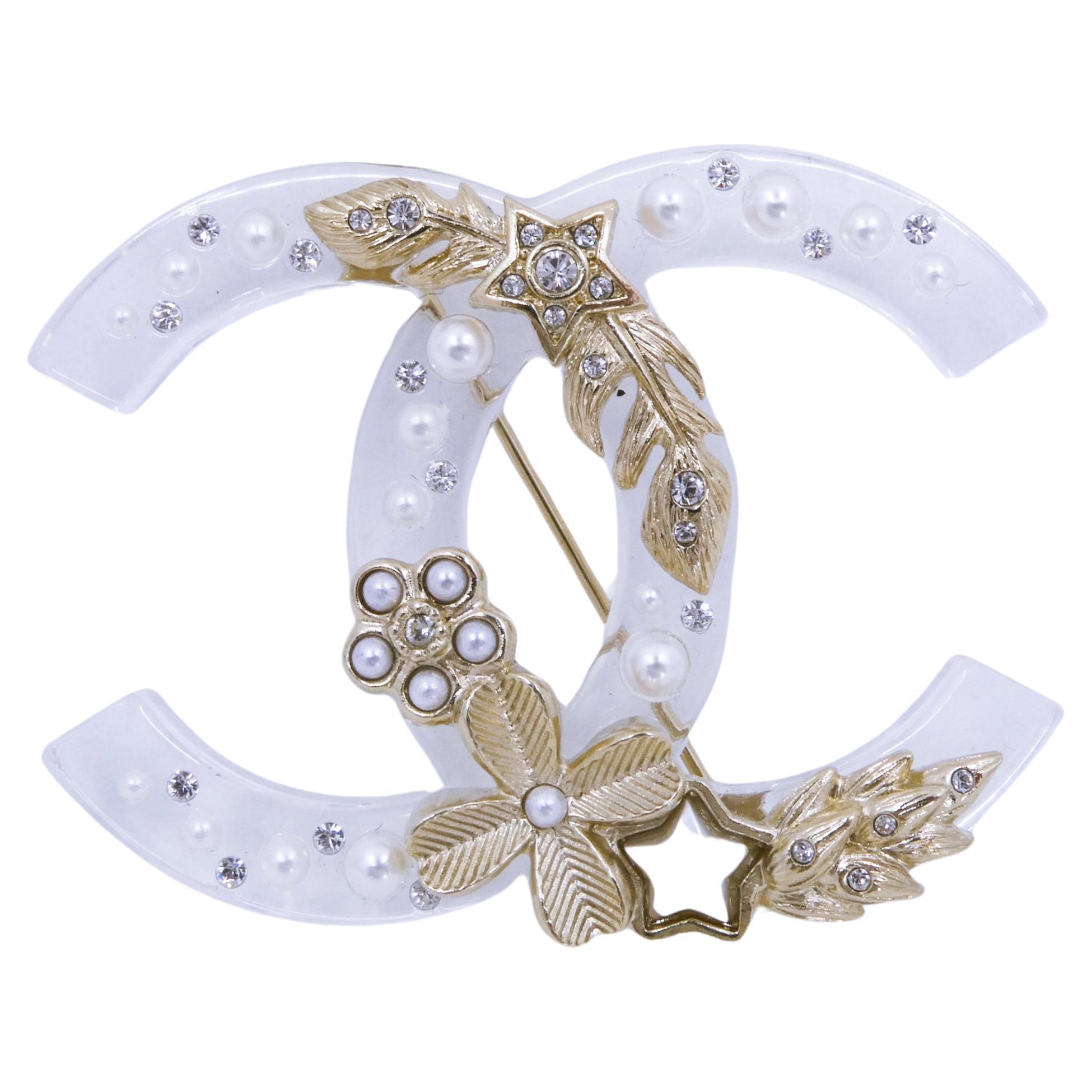 Chanel 19K Clear Acrylic Lucite CC Ornament Brooch  66079 For Sale