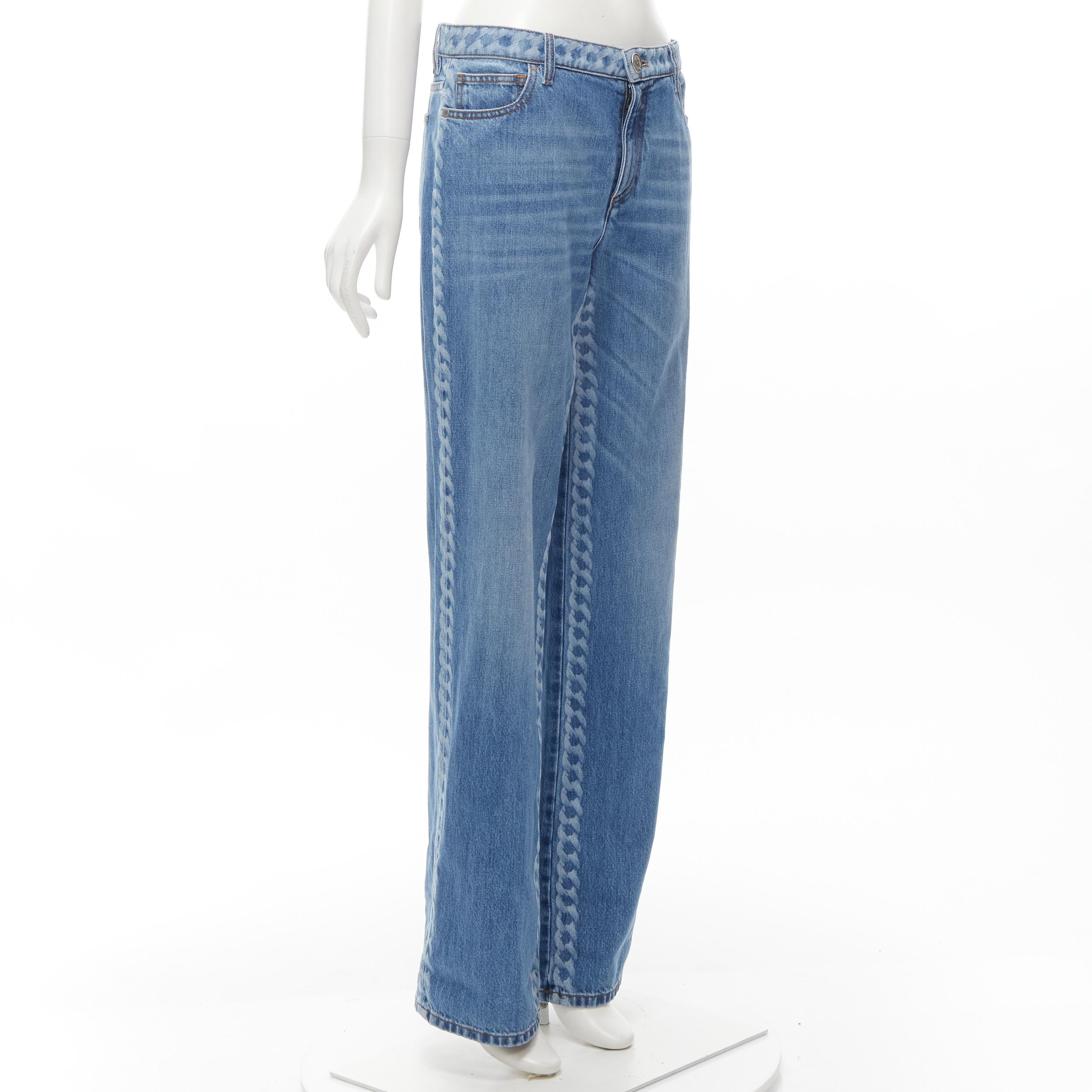 CHANEL 19P blue denim chunky chain washed straight leg jeans FR40 M
Brand: Chanel
Collection: 19P 
Material: Denim
Color: Blue
Pattern: Solid
Closure: Zip
Extra Detail: Chunky chain link 'wash' trim along waist and down leg. Antique silver CC button