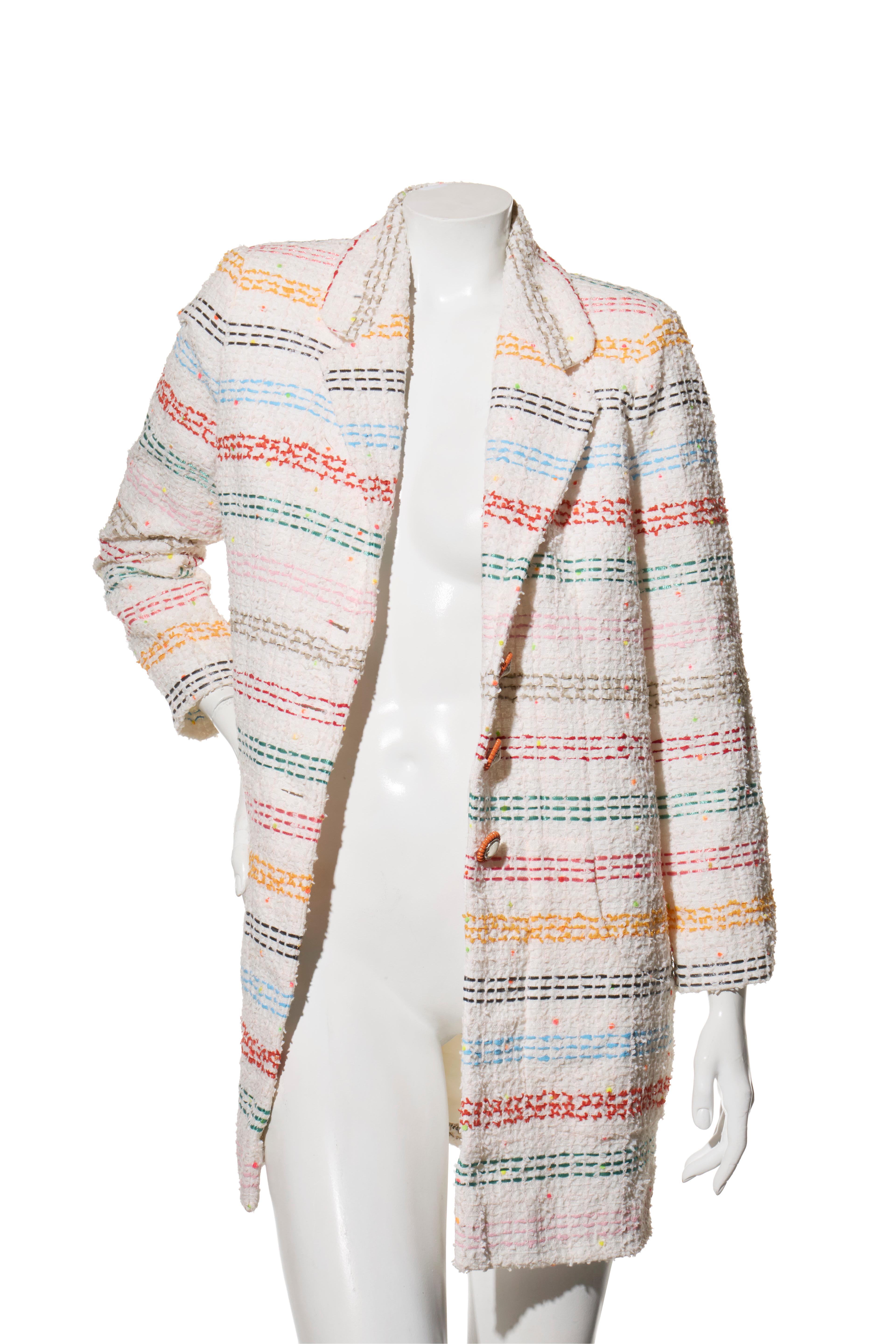 Chanel 19P Spring 2019 Rainbow Stripe Tweed Coat-Dress FR 36

Description:
From Chanel’s Spring 2019 (19P) collection, this rare rainbow tweed coat-dress captures Karl Lagerfeld’s final year at the house. Crafted in a cotton-rich boucle with