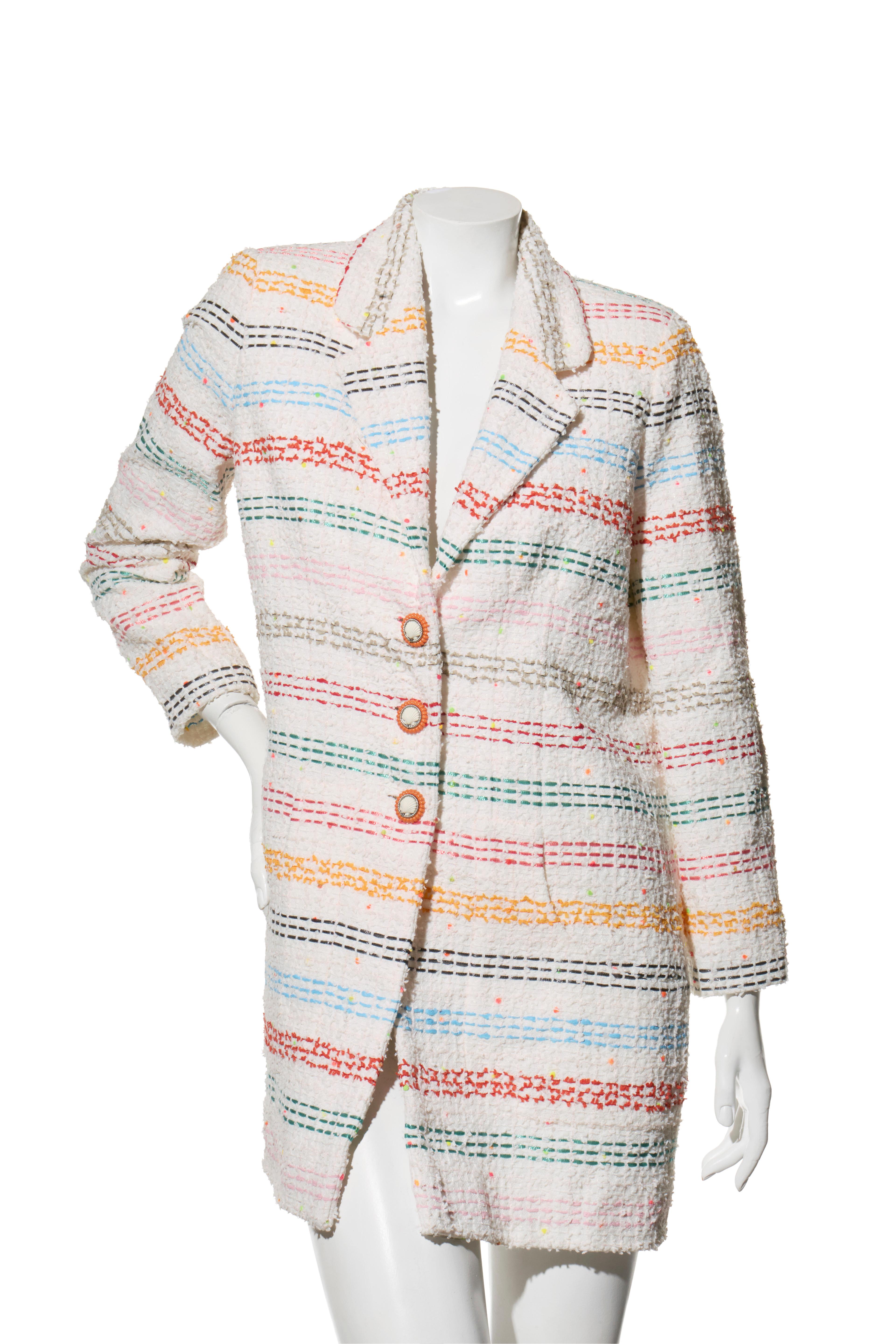 Chanel 19P Spring 2019 Rainbow Stripe Tweed Coat-Dress FR 36 In Excellent Condition For Sale In Woodland Hills, CA