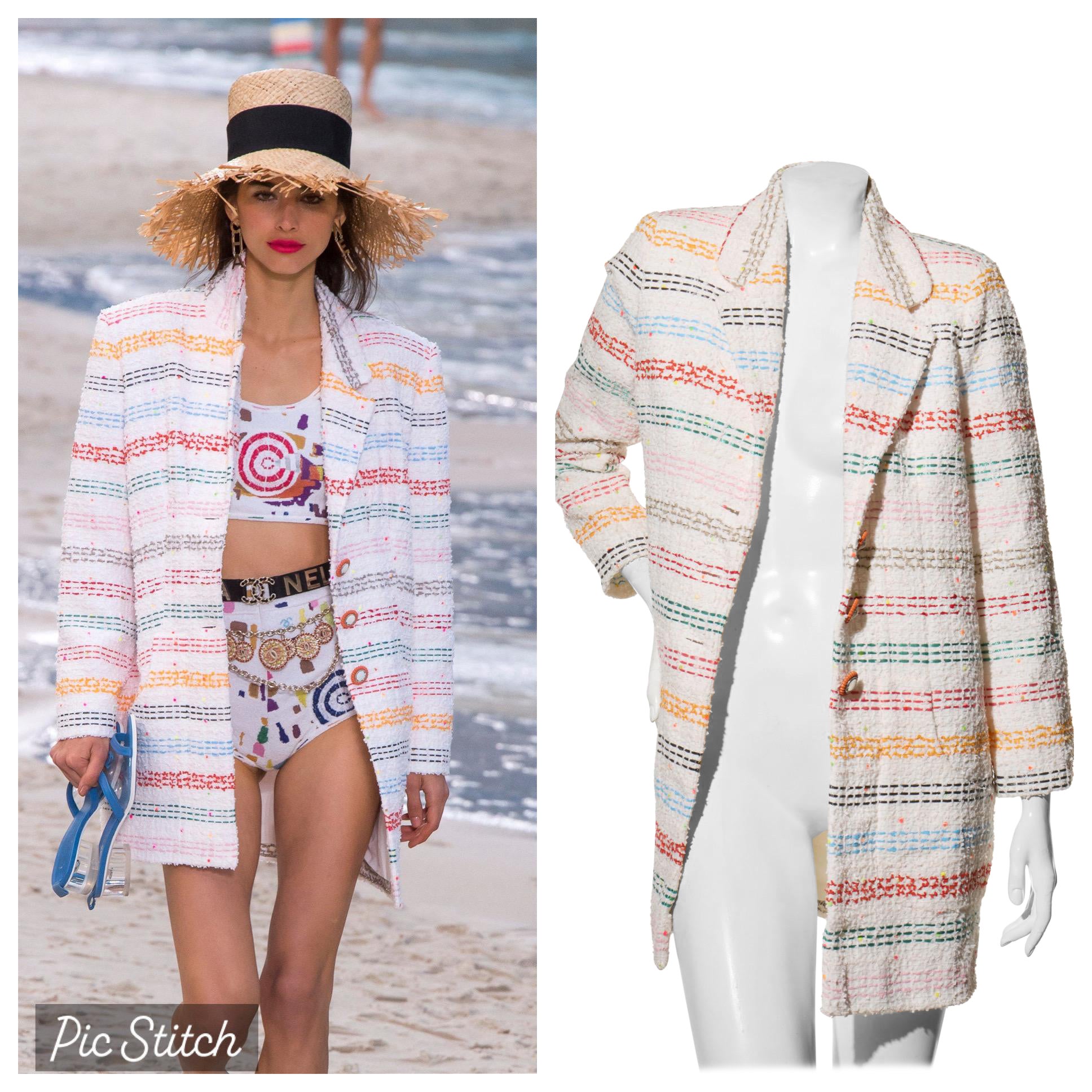Chanel 19P Spring 2019 Rainbow Stripe Tweed Coat-Dress FR 36 For Sale