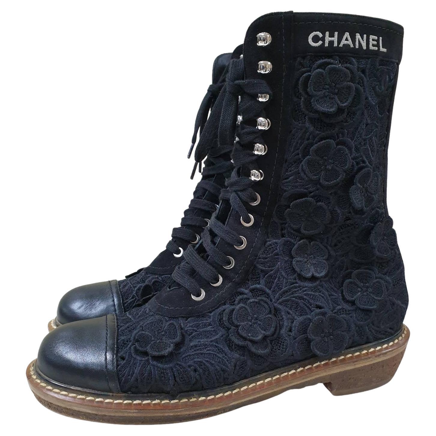 CHANEL 19S Camellia Embroidered Lace Up Flat Boots