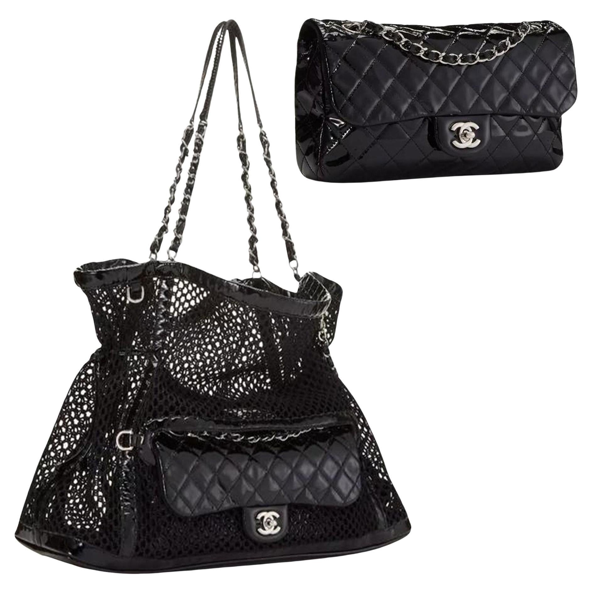 Chanel 2011 Cruise 2 in 1 Cruise Mesh Fishnet Woven Crochet Large Tote

Year: 2011 Cruise
Silver hardware
Patent leather
Patent leather drawstring cords
Remove-able medium sized patent leather flap

Made in Italy
