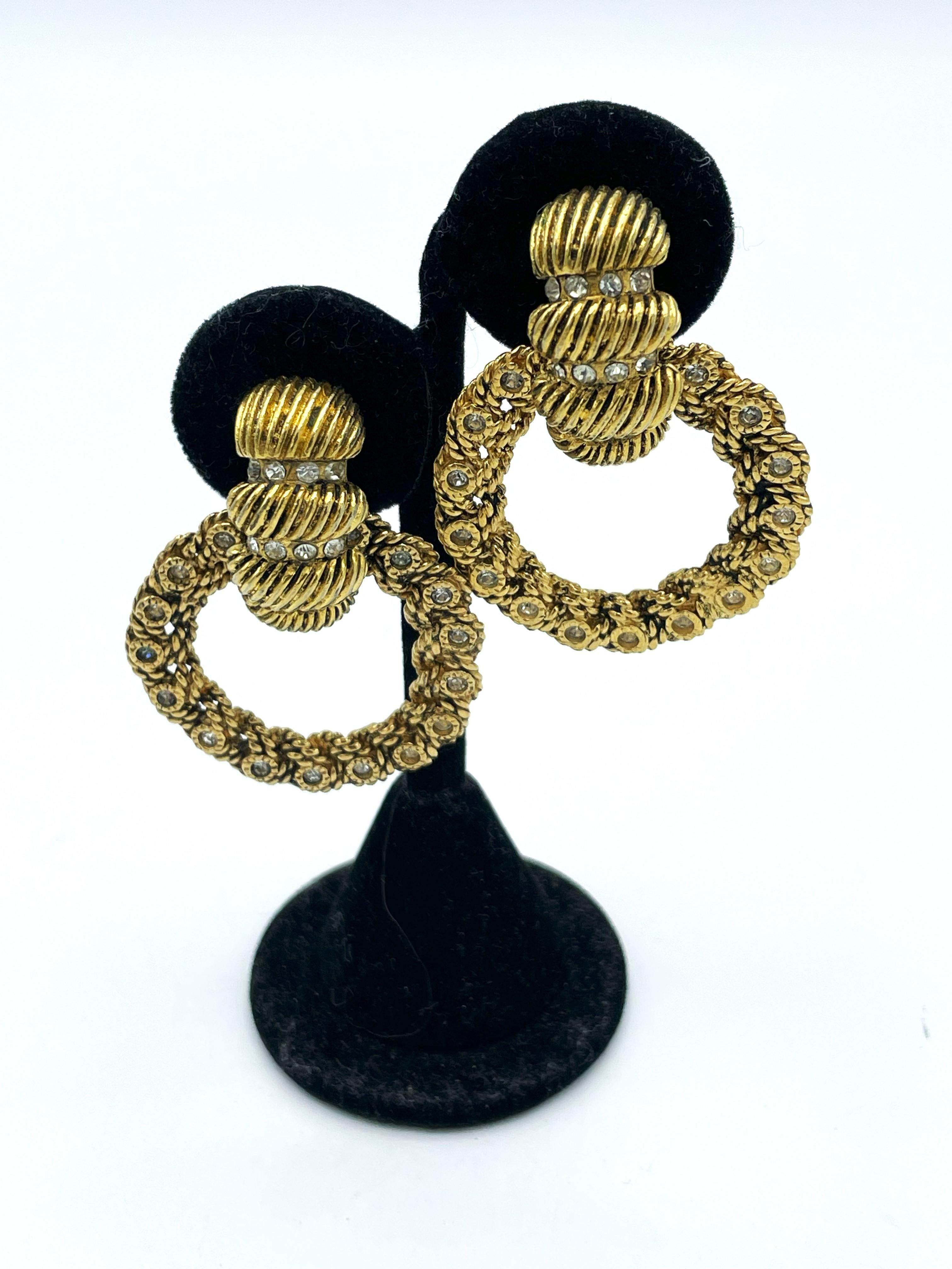 Modern CHANEL 2 piece Clip-on earring, gold plated with rhinestones, 1970/80's, France  For Sale