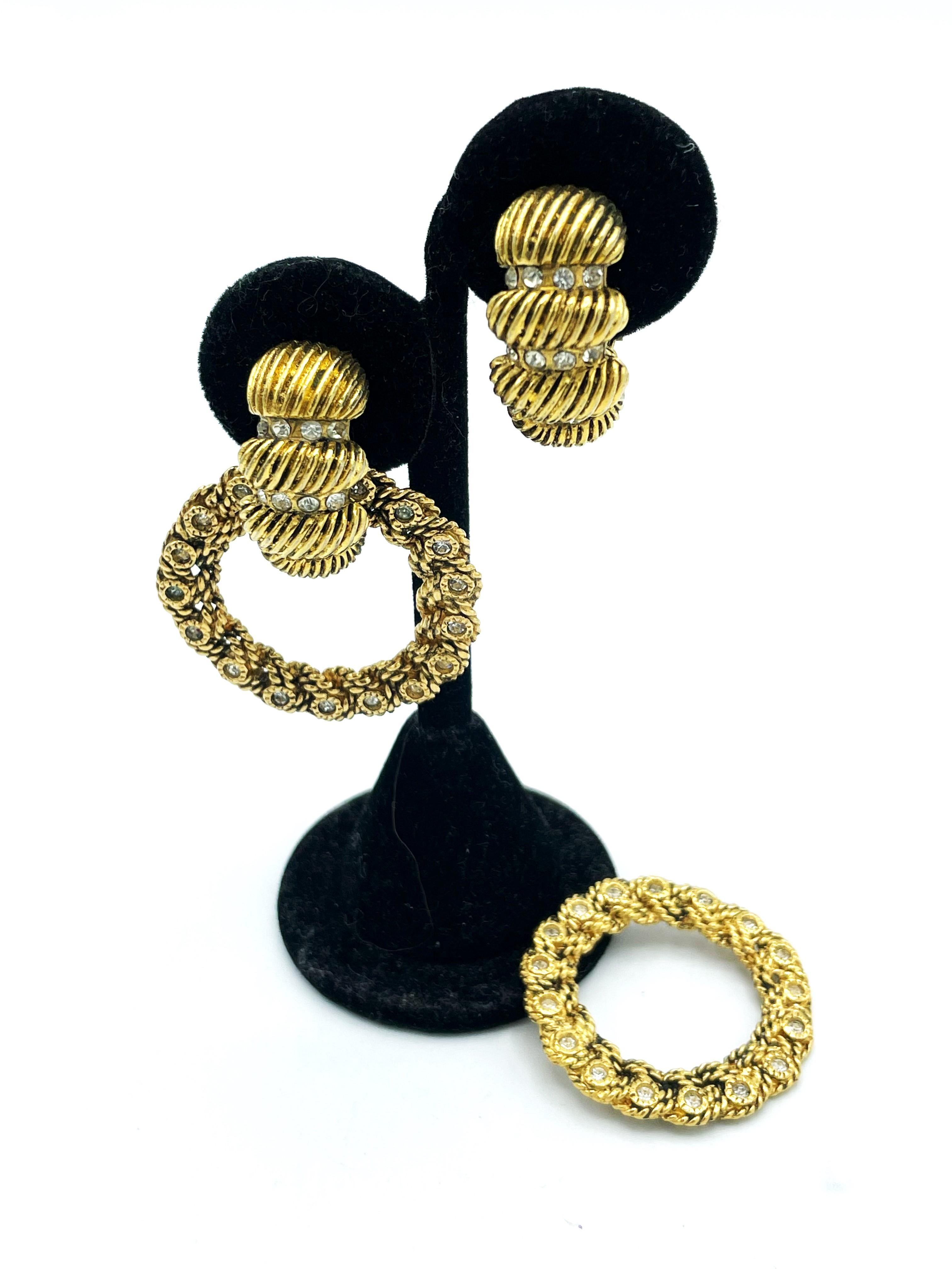 Round Cut CHANEL 2 piece Clip-on earring, gold plated with rhinestones, 1970/80's, France  For Sale