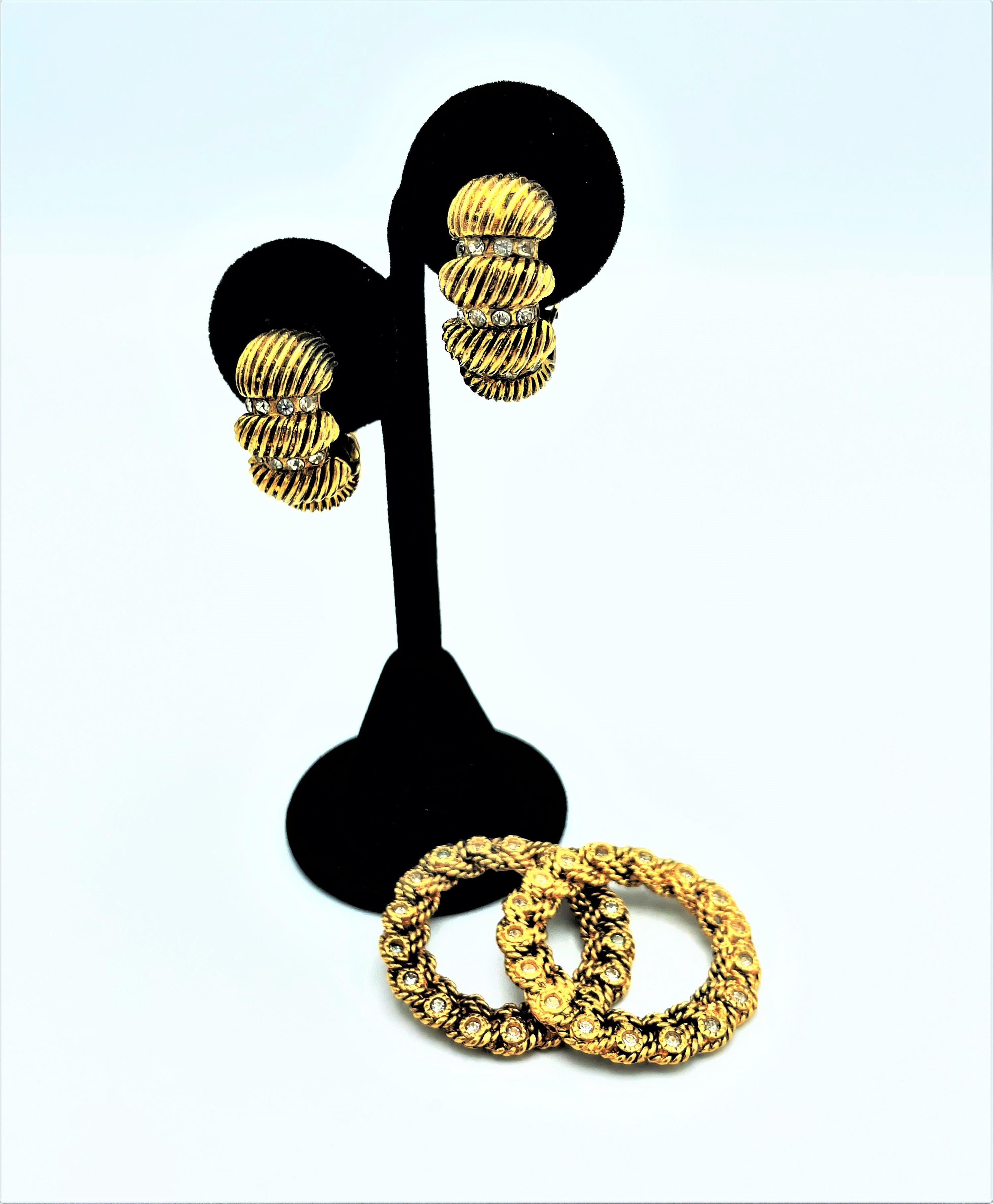 CHANEL 2 piece Clip-on earring, gold plated with rhinestones, 1970/80's, France  For Sale 1