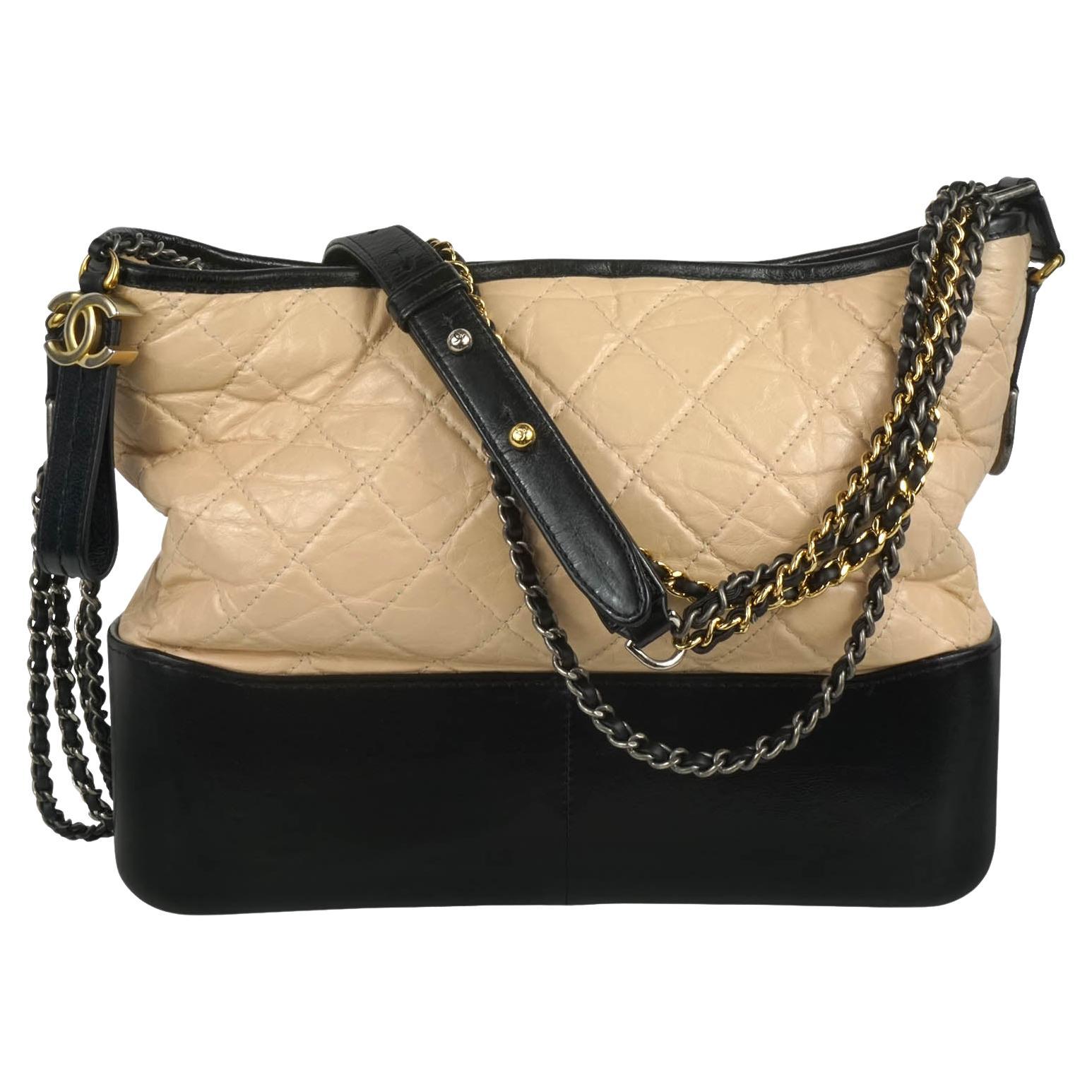 Chanel Gabrielle Quilted Aged Calfskin Beige Black Hobo Bag For Sale at  1stDibs