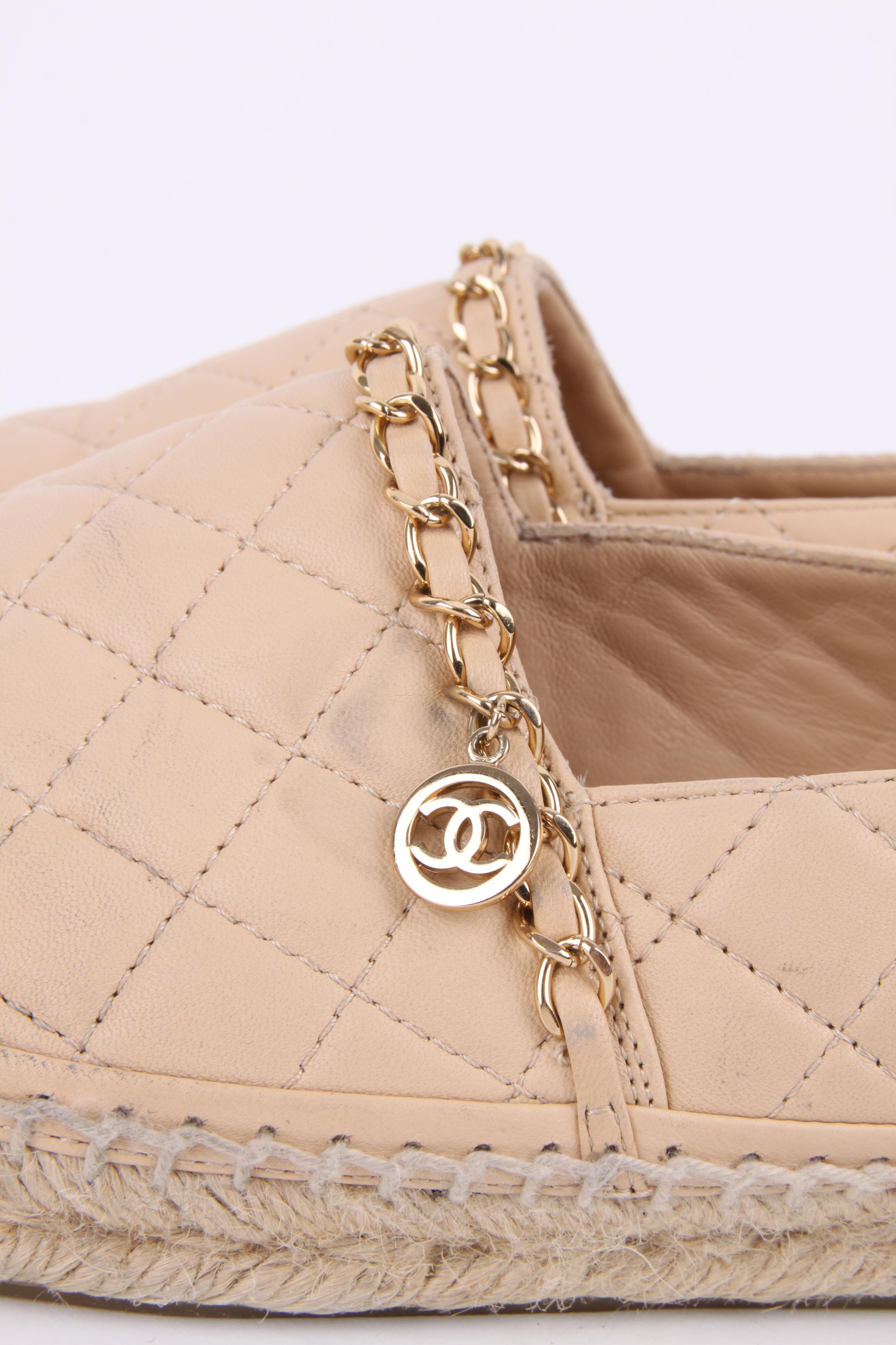 Chanel 2 Tone Beige Quilted Leather Black Cap CC Logo Chain Loafers 1