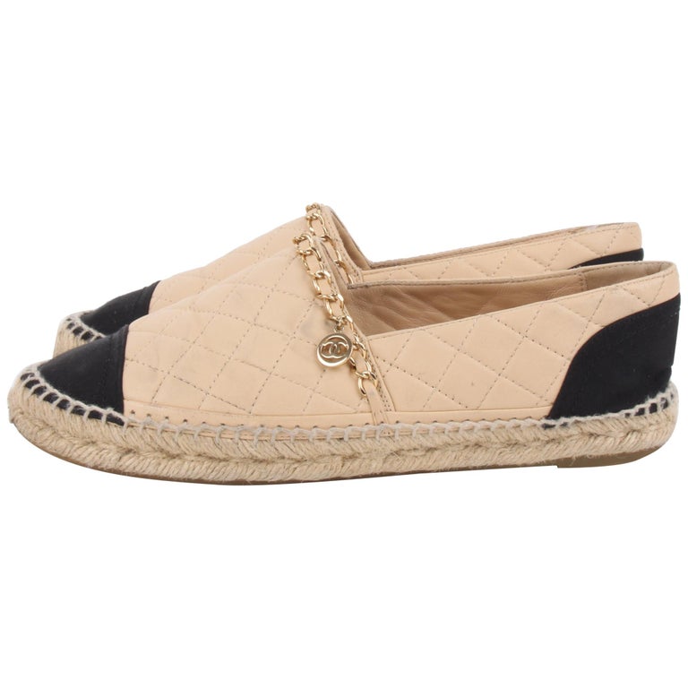 Chanel 2 Tone Beige Quilted Leather Black Cap CC Logo Chain Loafers at ...