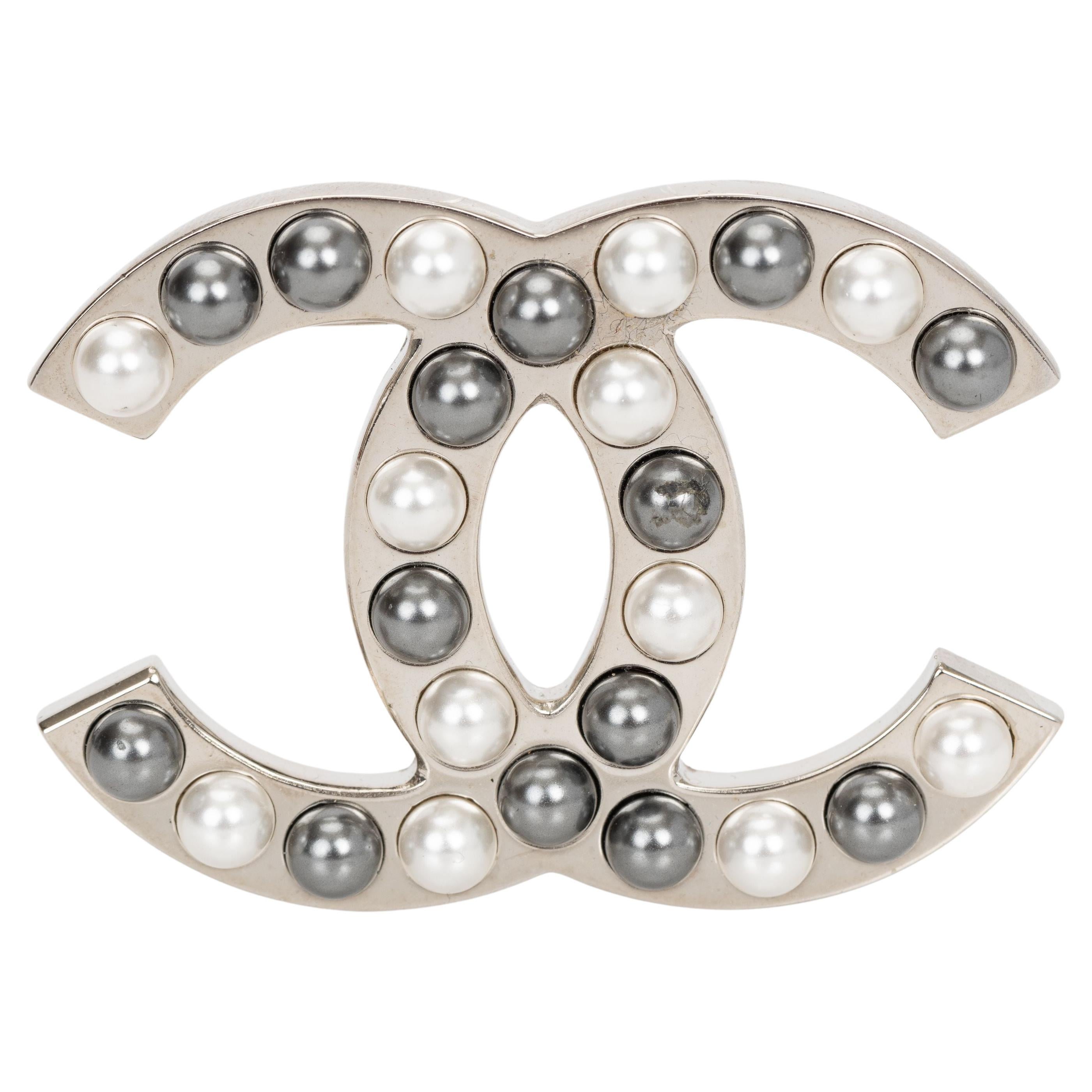 Chanel 2 Tone Pearl CC Logo Brooch For Sale
