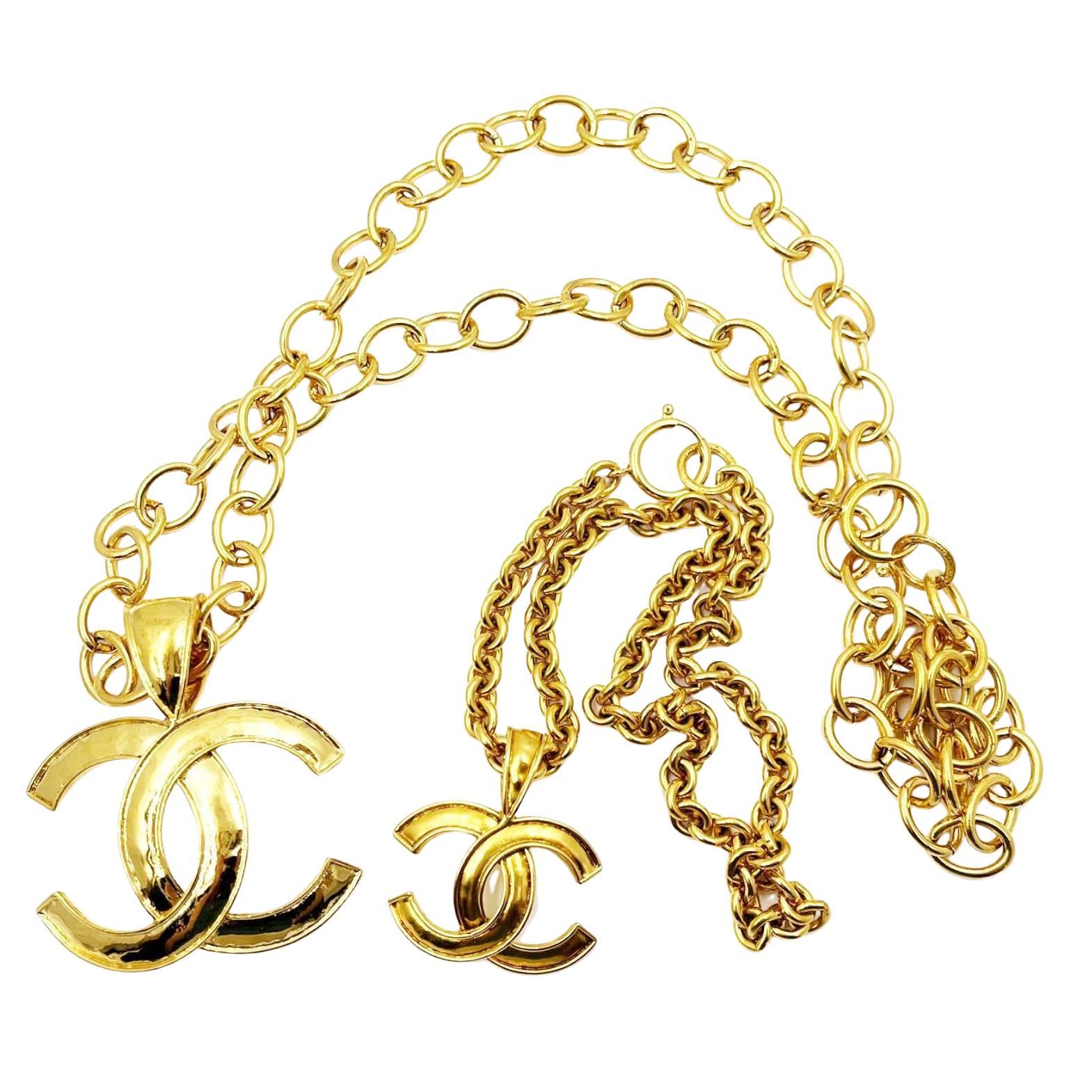 Chanel 2 Vintage Gold Plated CC Big Small Pendant Necklaces Set