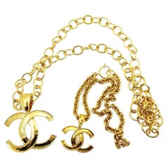 Chanel 2 Vintage Gold Plated CC Big Small Pendant Necklaces Set