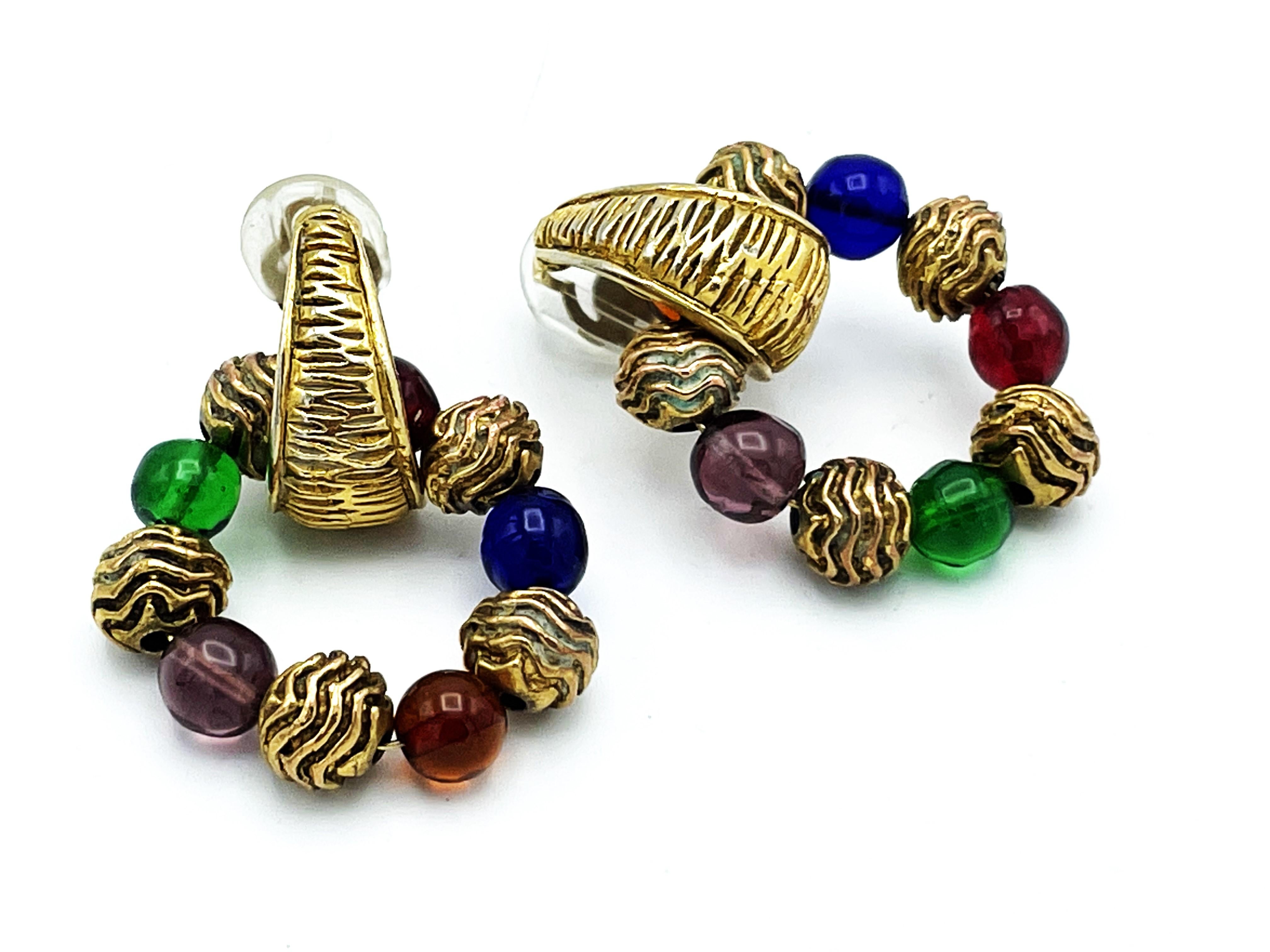 Modern Chanel 2 way clip-on earring Creole with Gripoix and gold balls, 1970/80s, Paris For Sale