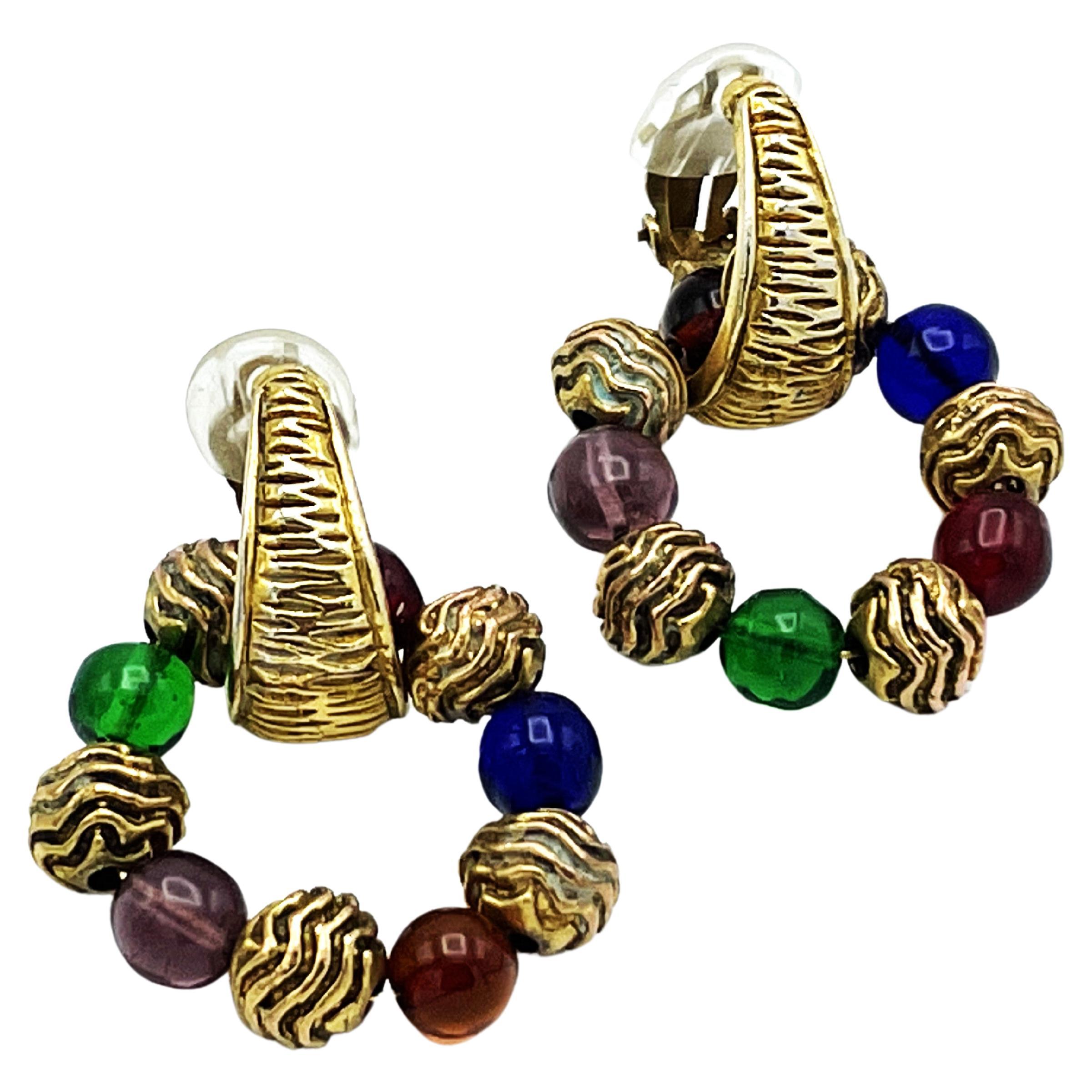 Chanel 2 way clip-on earring Creole with Gripoix and gold balls, 1970/80s, Paris For Sale