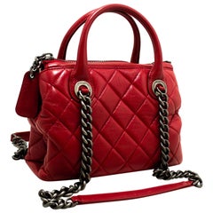 CHANEL 2 Way Red Silver Chain Shoulder Bag Handbag Quilted Calf