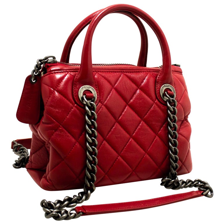 CHANEL 2 Way Red Silver Chain Shoulder Bag Handbag Quilted Calf For
