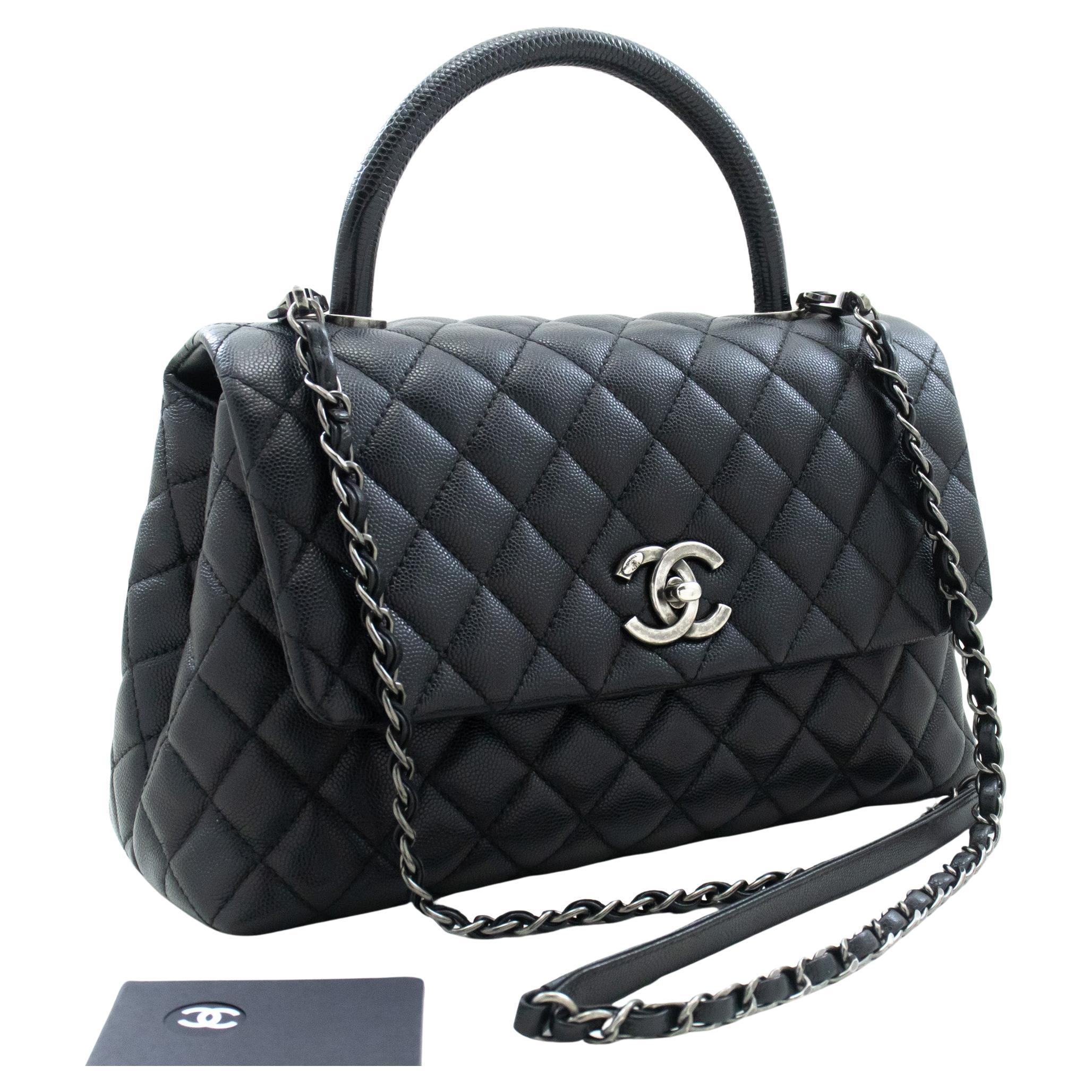 CHANEL 2 Way Top Handle Shoulder Bag Handbag Black Caviar Leather For Sale