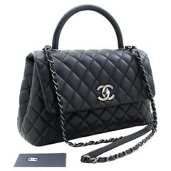 CHANEL 2 Way Top Handle Shoulder Bag Handbag Black Caviar Leather