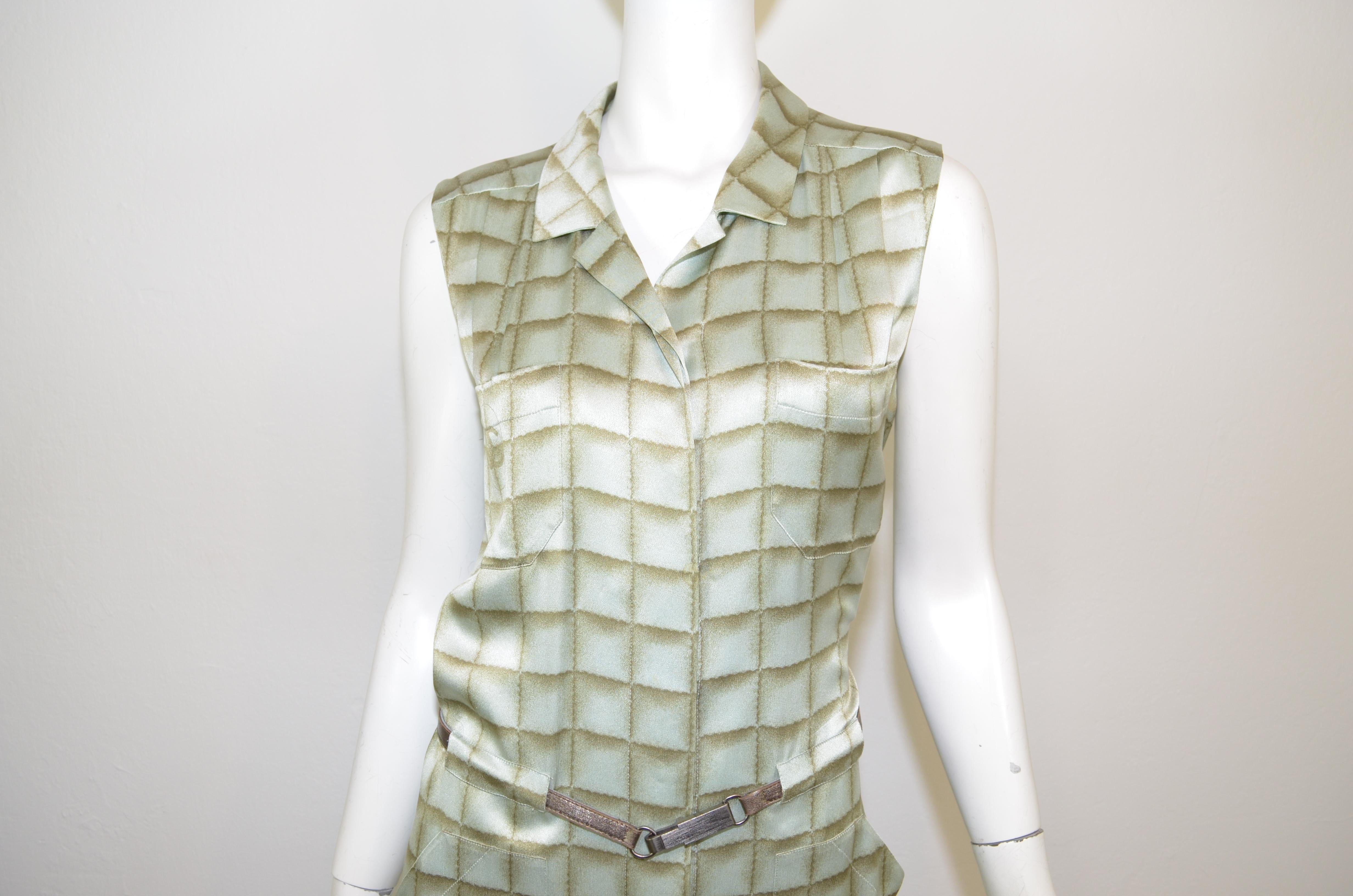 Gray Chanel 2000 A Silk Grid Print Belted Dress