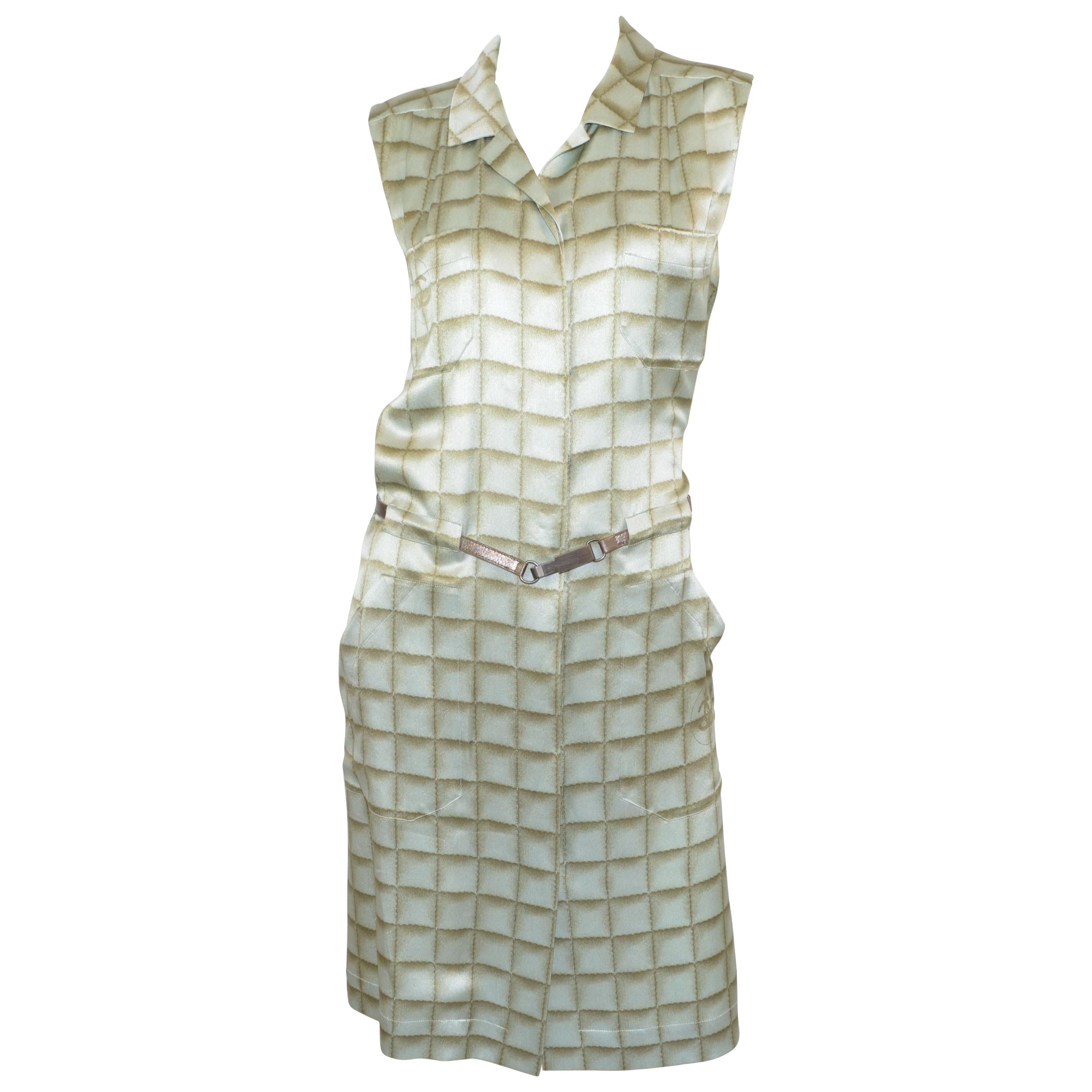 Chanel 2000 A Silk Grid Print Belted Dress