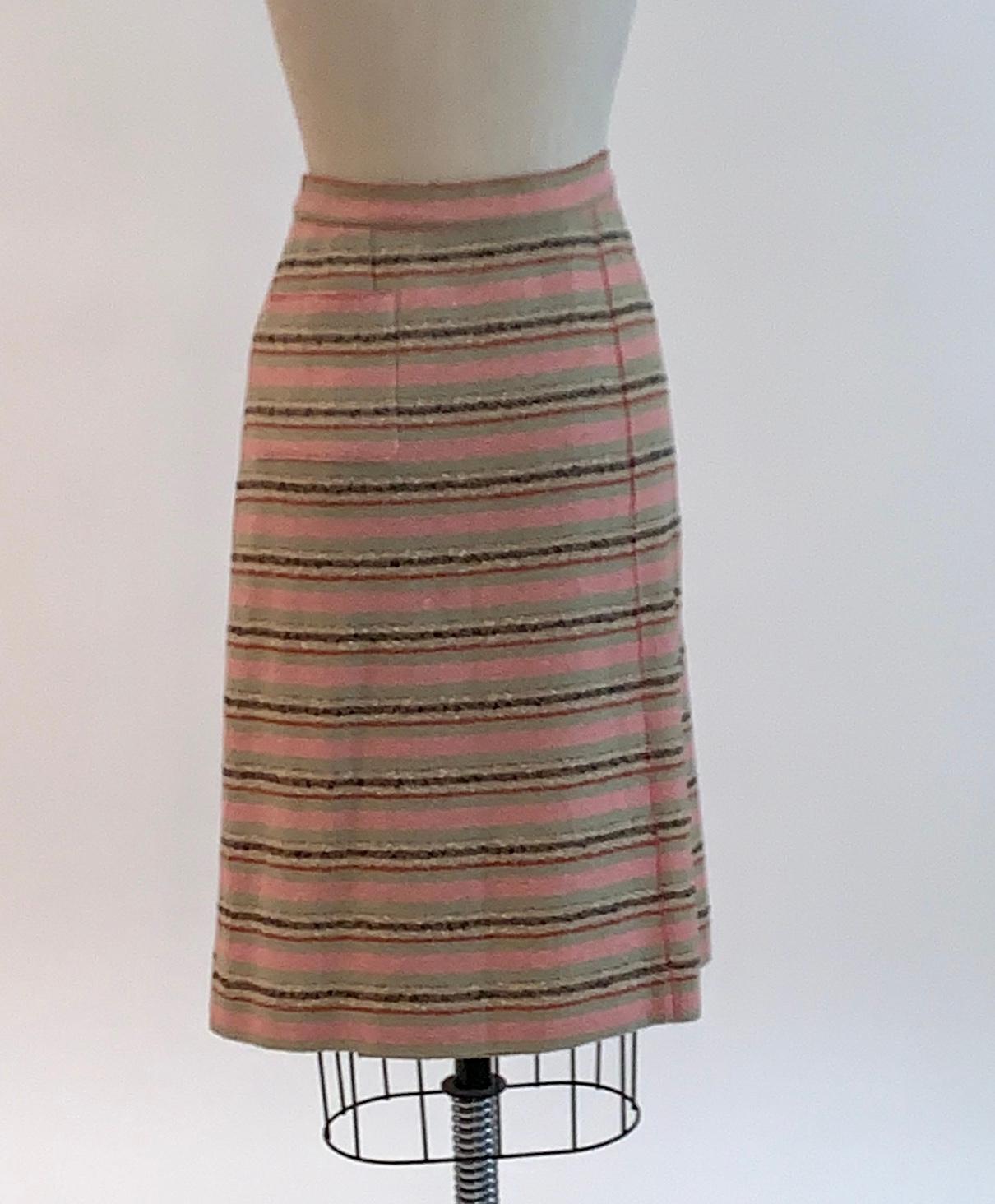 Chanel 2000 Cruise Collection Pink, Green, Natural, Red Stripe Pencil Skirt In Excellent Condition In San Francisco, CA