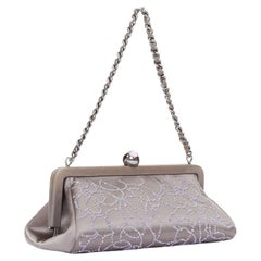 CHANEL 2000 pink pearl beaded grey satin crystal CC kiss lock frame clutch bag