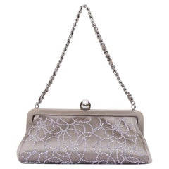 CHANEL 2000 pink pearl beaded grey satin crystal CC kiss lock frame clutch bag
