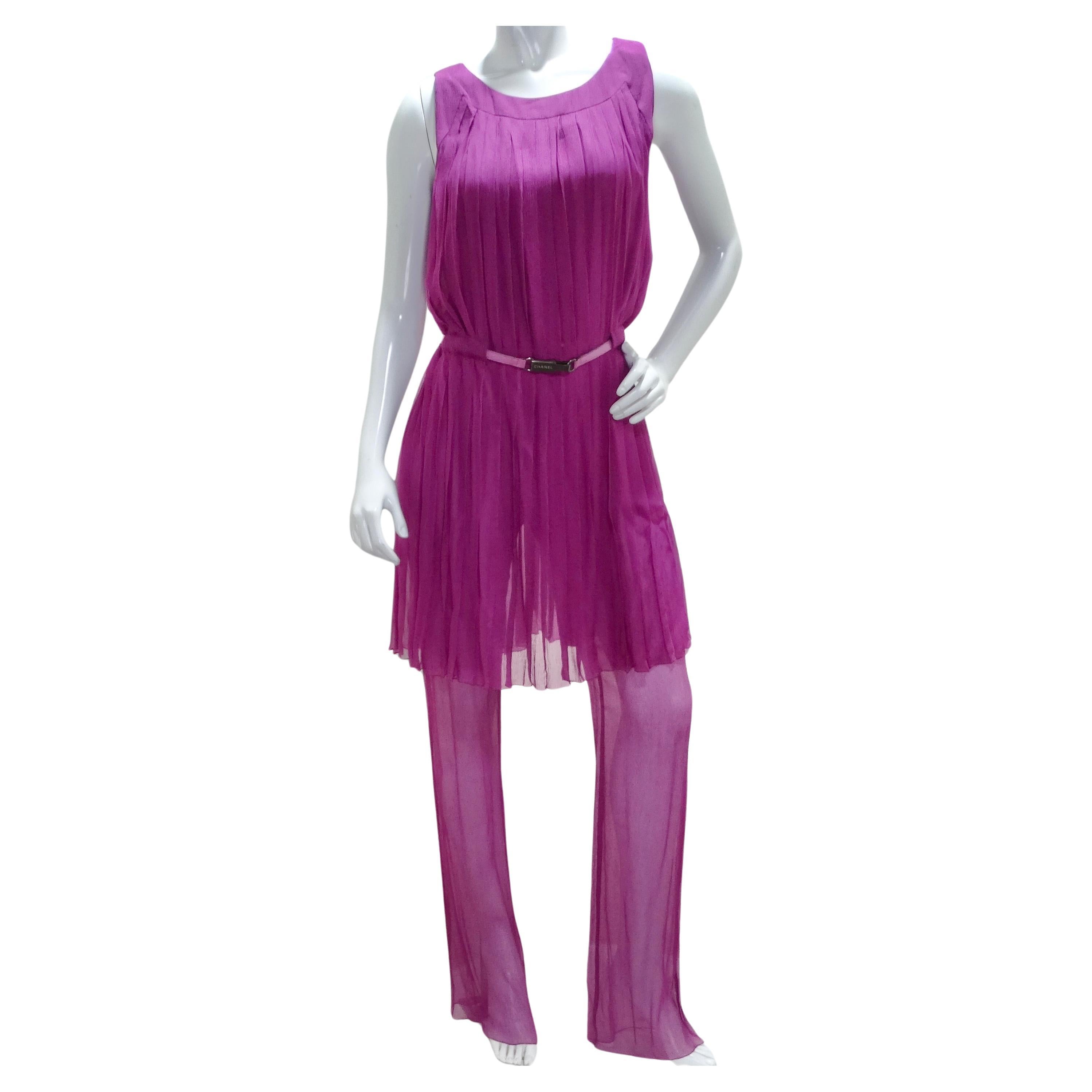 Chanel 2000 Purple Silk Dress, Pant & Belt Set For Sale