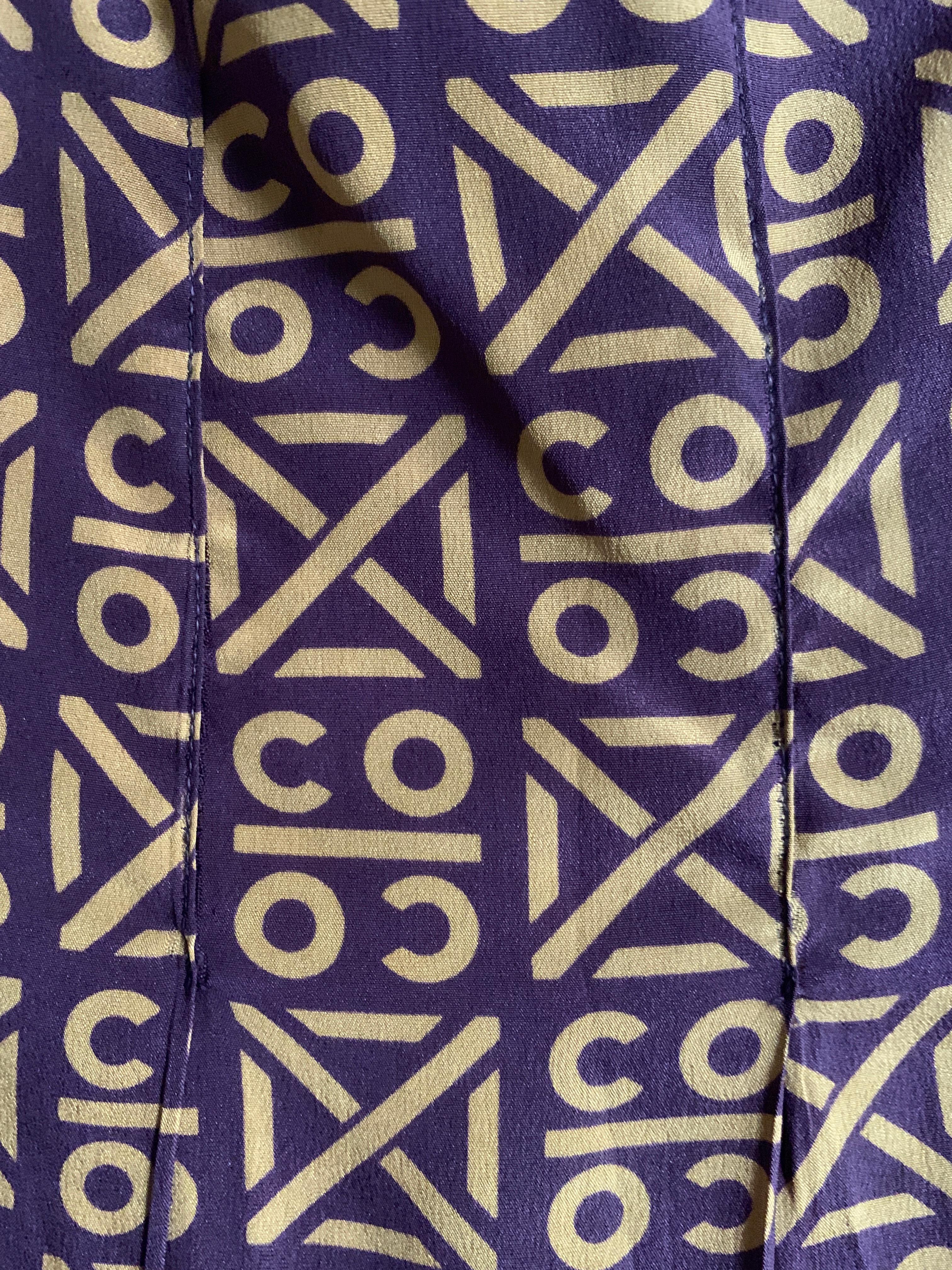 Chanel 2000 Runway Coco Logo Print Purple and Tan Silk Pleated Skirt 2