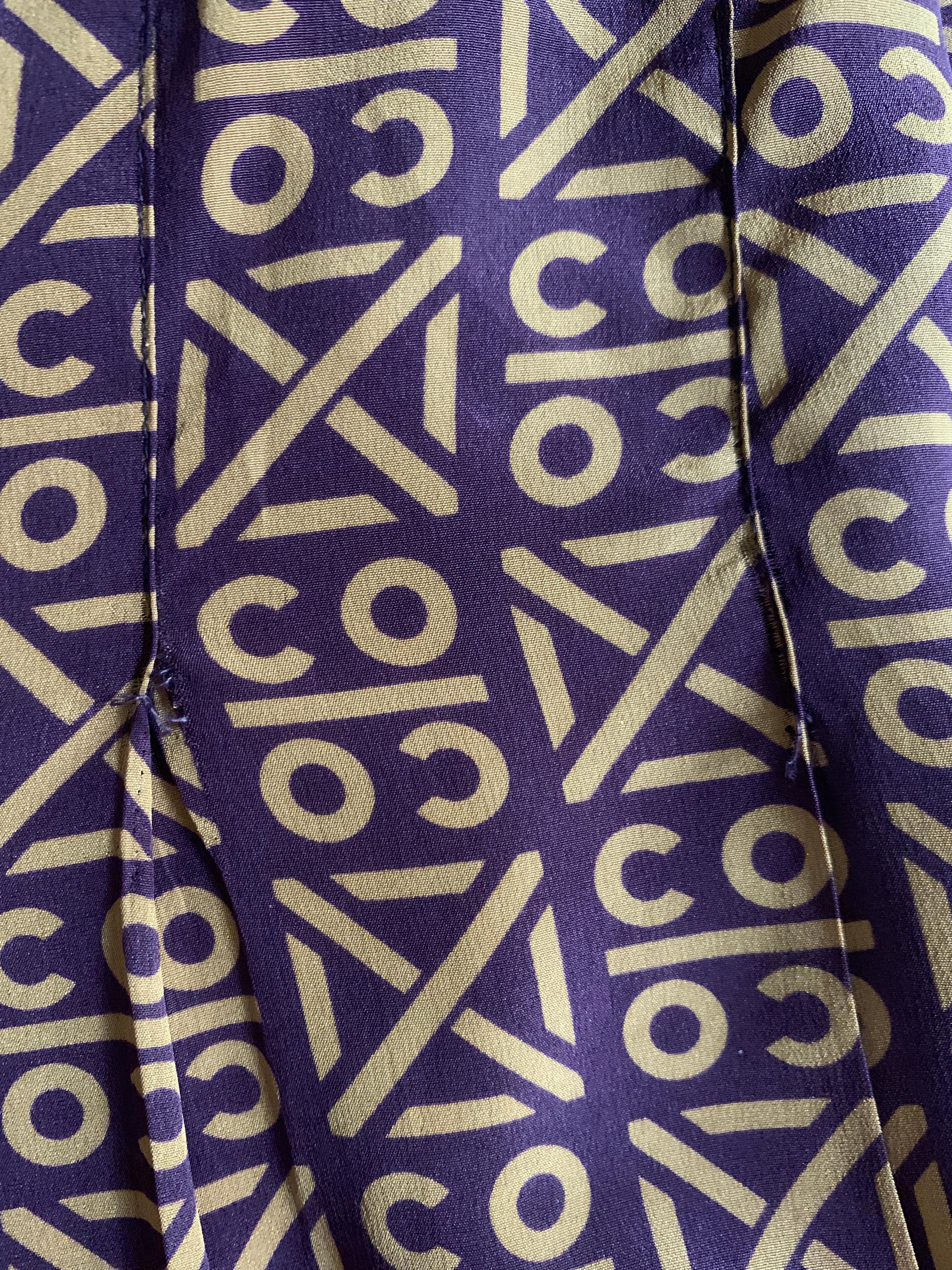 Chanel 2000 Runway Coco Logo Print Purple and Tan Silk Pleated Skirt 3