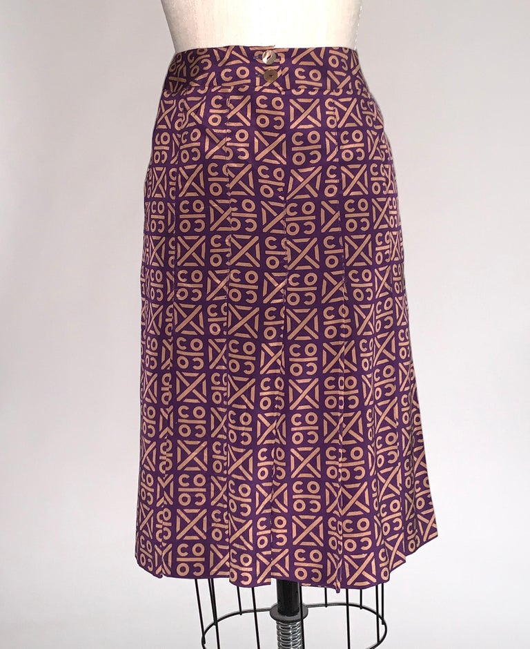 Chanel 2000 Runway Coco Logo Print Purple and Tan Silk Pleated Skirt