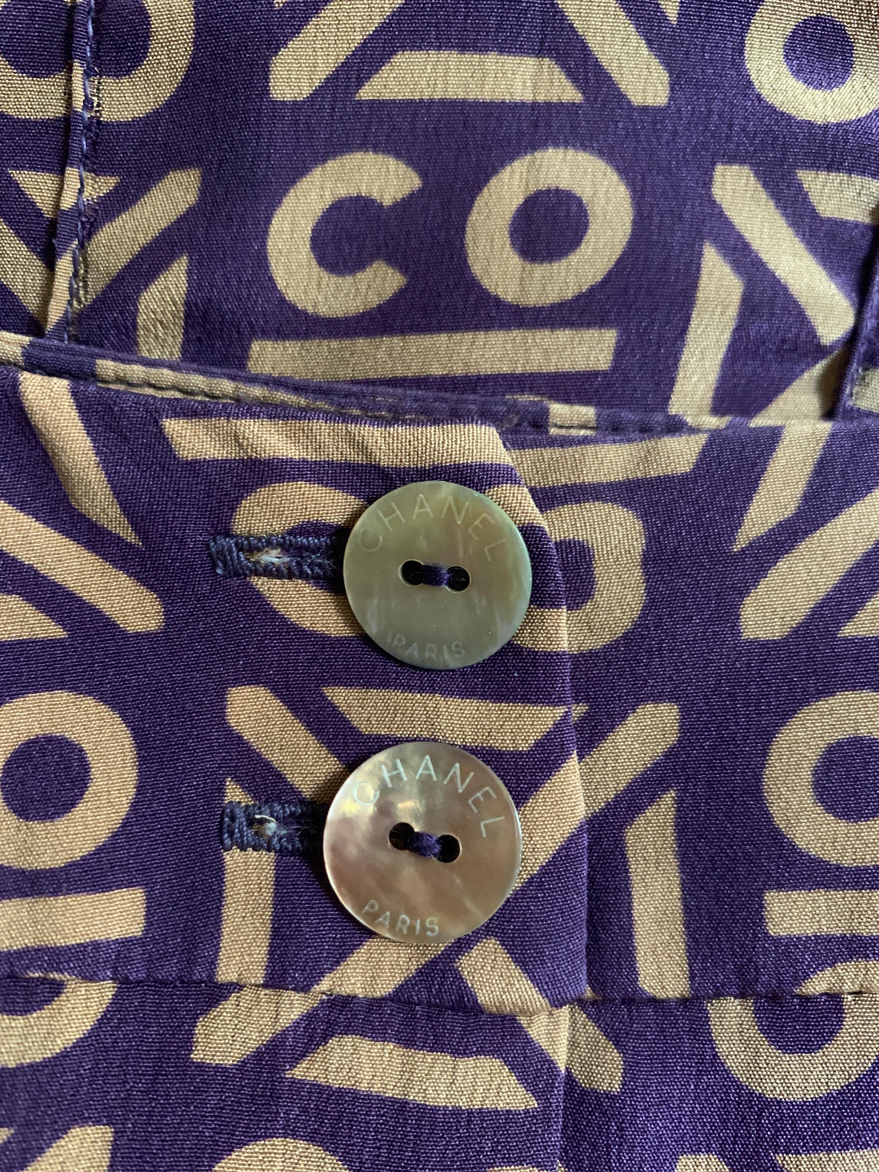 Beige Chanel 2000 Runway Coco Logo Print Purple and Tan Silk Pleated Skirt