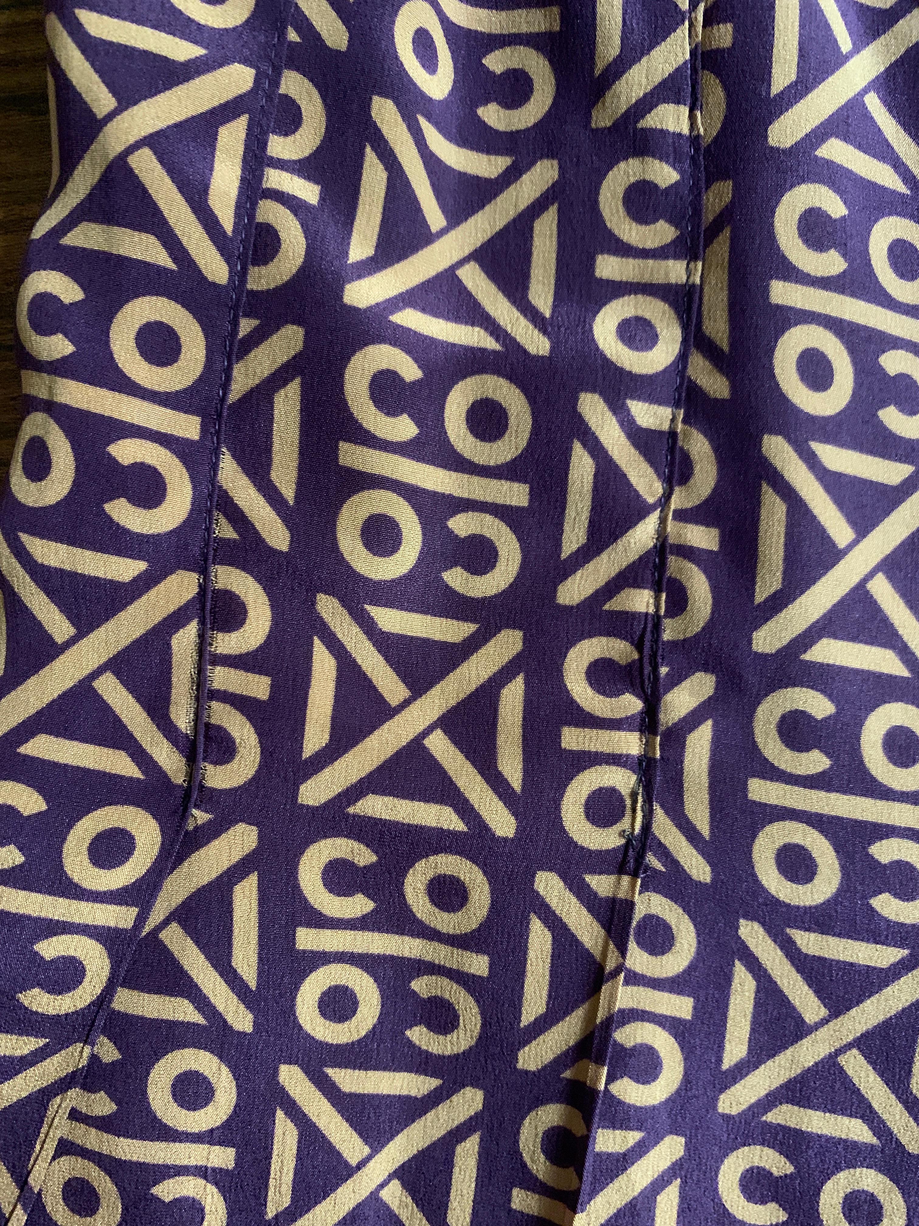 Chanel 2000 Runway Coco Logo Print Purple and Tan Silk Pleated Skirt 1
