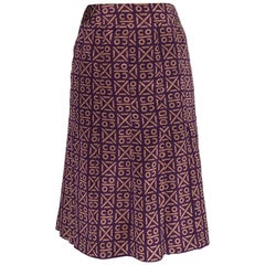 Chanel 2000 Runway Coco Logo Print Purple and Tan Silk Pleated Skirt