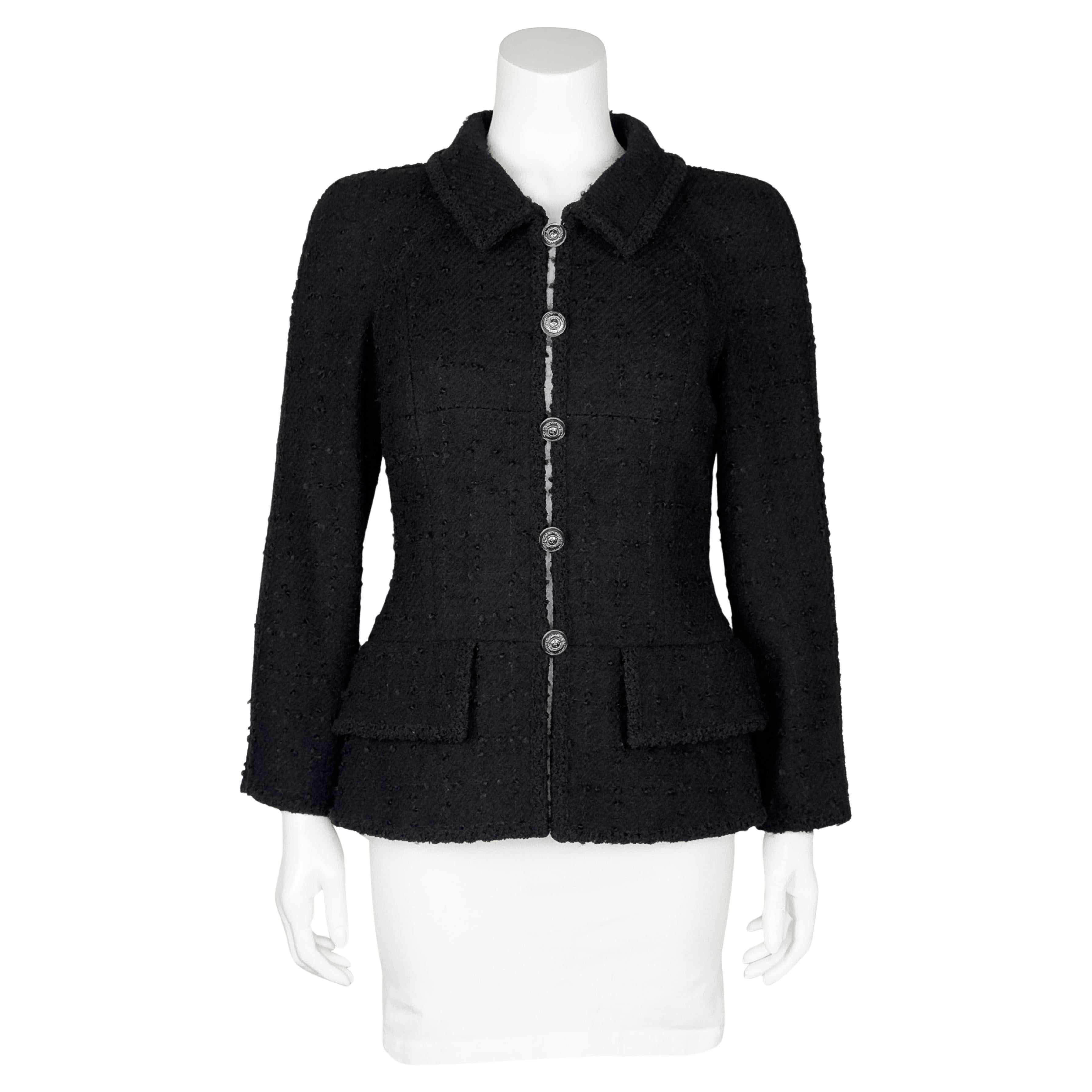 Giacca aderente a 2 tasche in lana e mohair nera Chanel anni 2000