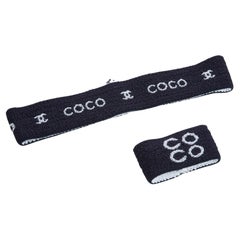 Chanel 2000s Ensemble Bandeau Bracelet Coco Headband Wristband Navy Set