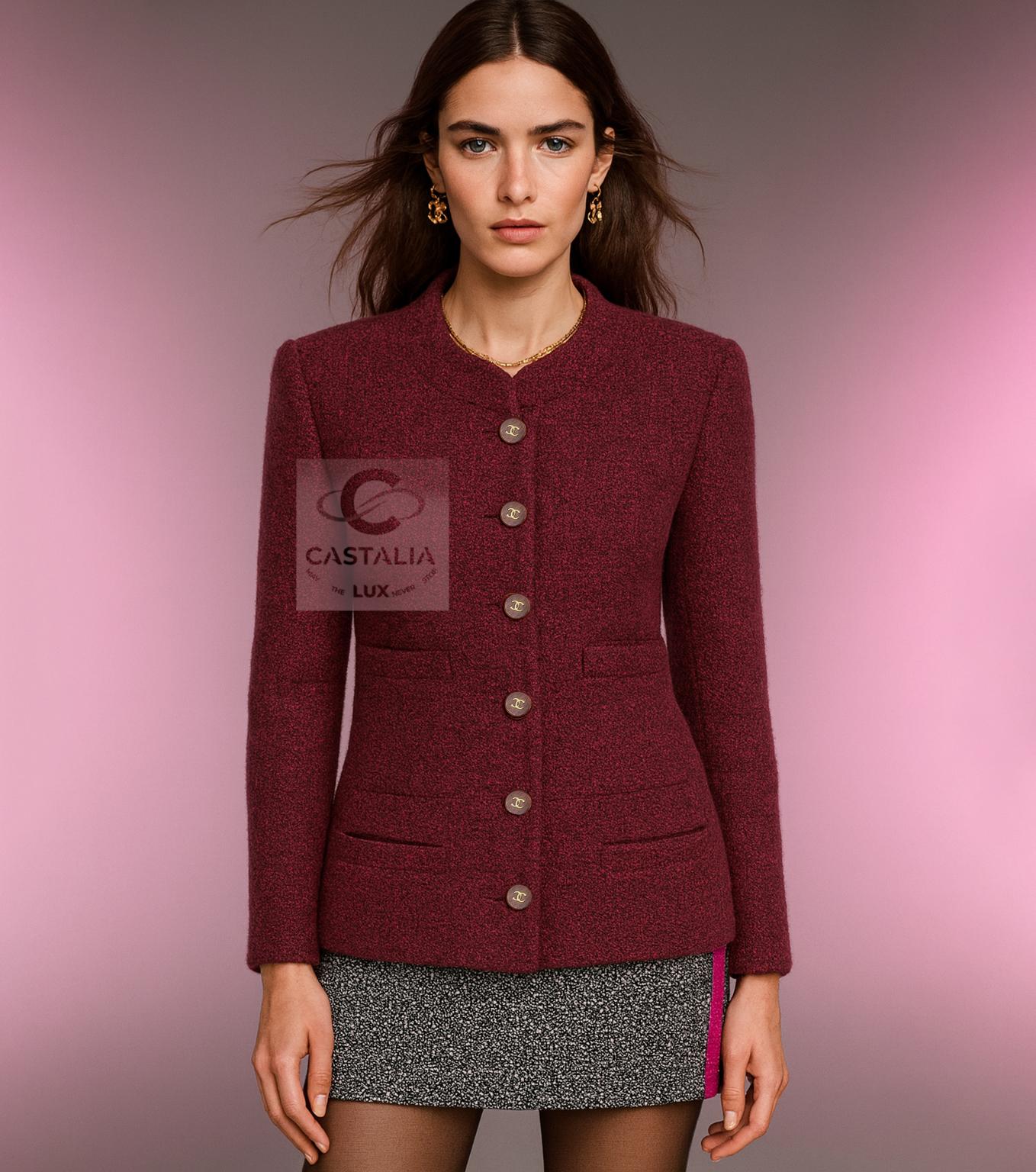 CHANEL Collectible Burgundy Tweed Jacket — Relic of Lagerfeld’s 00s Era

 A timeless treasure from Karl Lagerfeld’s Chanel of the 2000s, 
this jacket embodies the Maison’s grammar of silhouette: the iconic “four pockets” architecture, elevated into