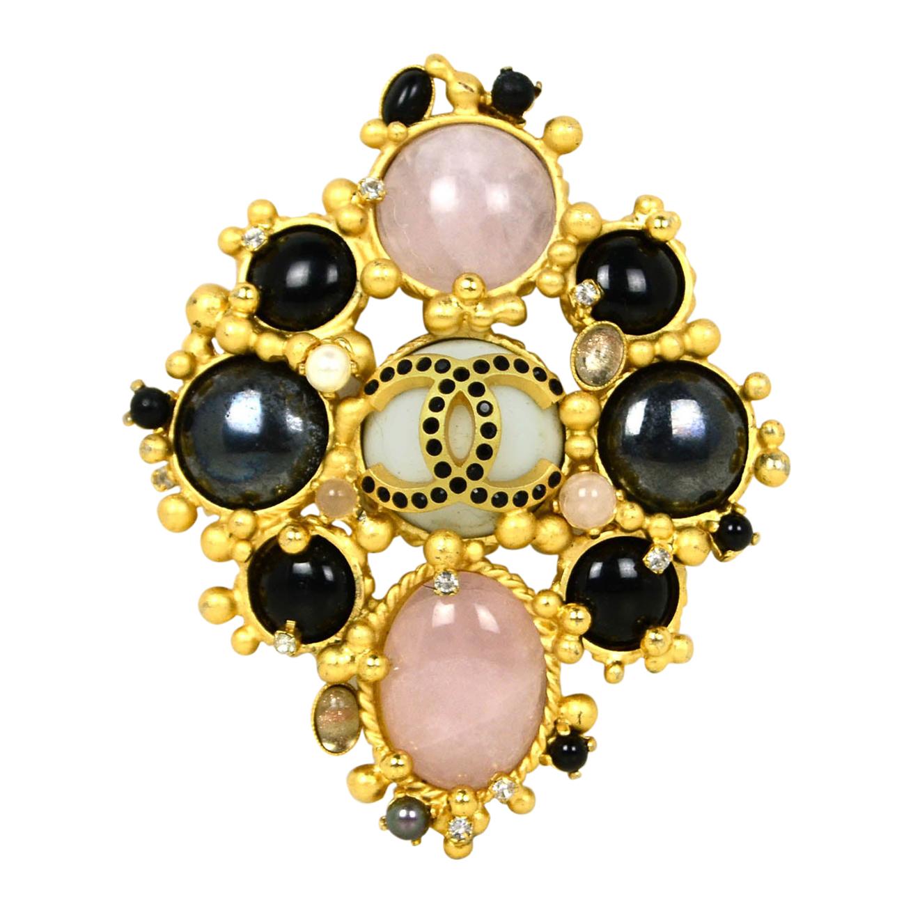 Chanel 2001 Black & Pink Stone CC Brooch w/ Faux Pearls & Crystals