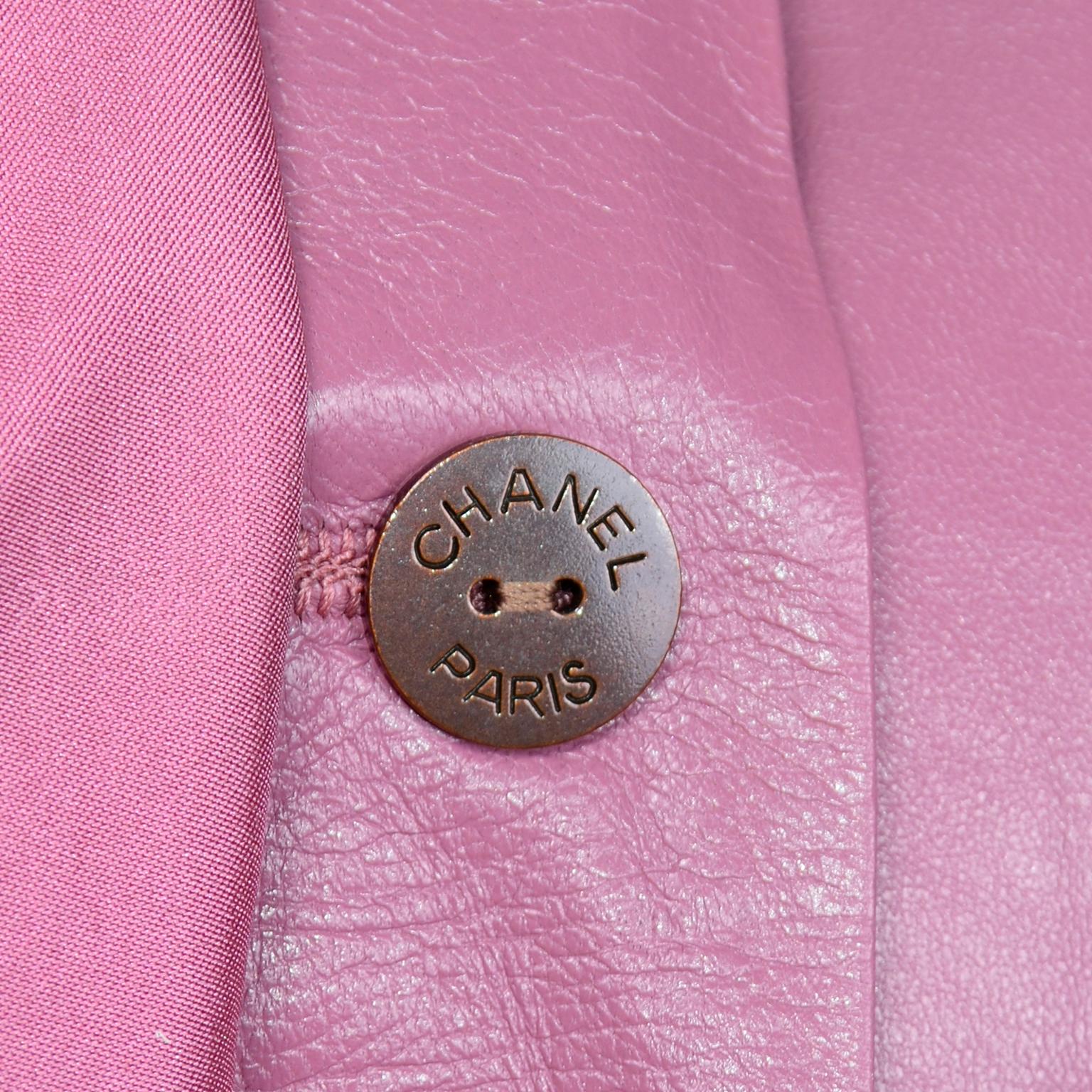 Chanel 2001 Cruise Pink Collarless Lambskin Leather Jacket W Gold Star Cutouts 6