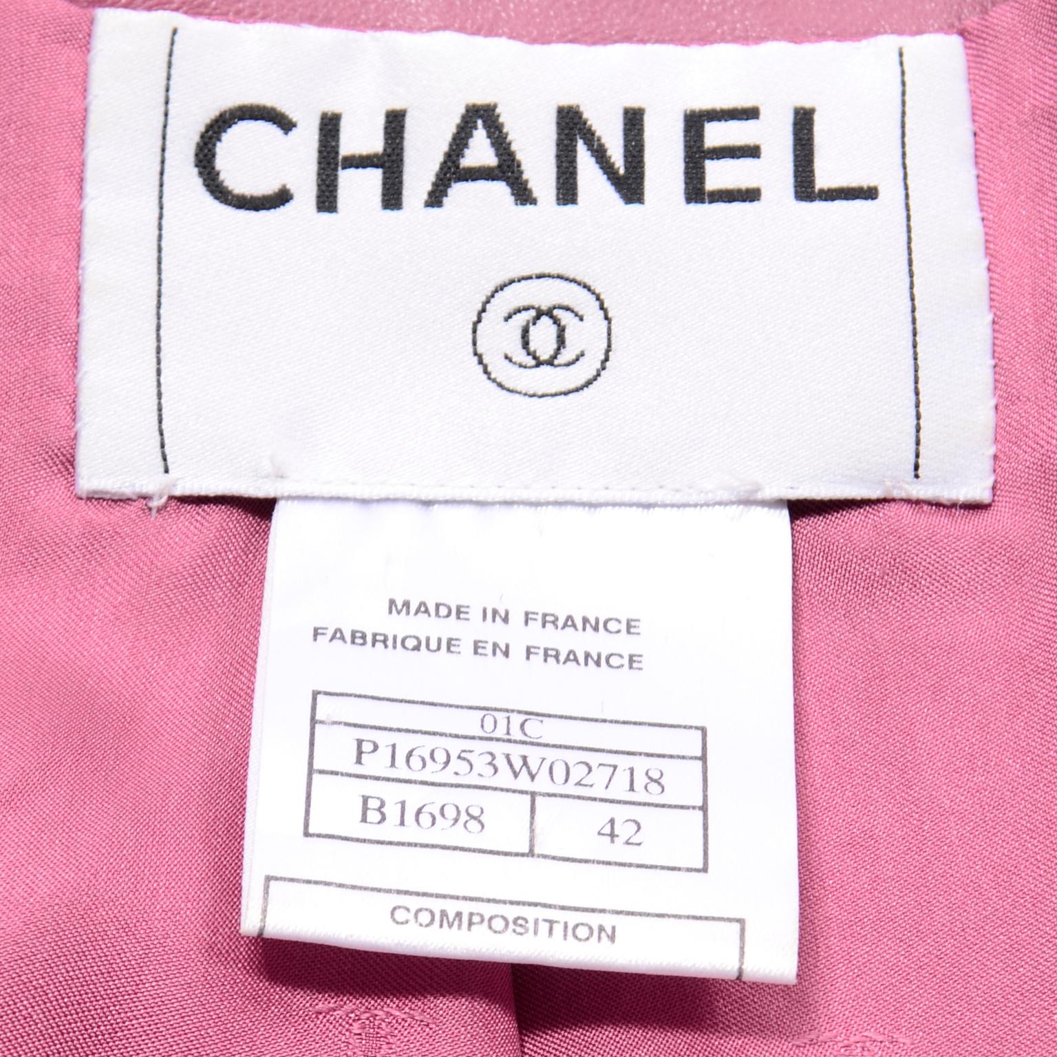 Chanel 2001 Cruise Pink Collarless Lambskin Leather Jacket W Gold Star Cutouts 9