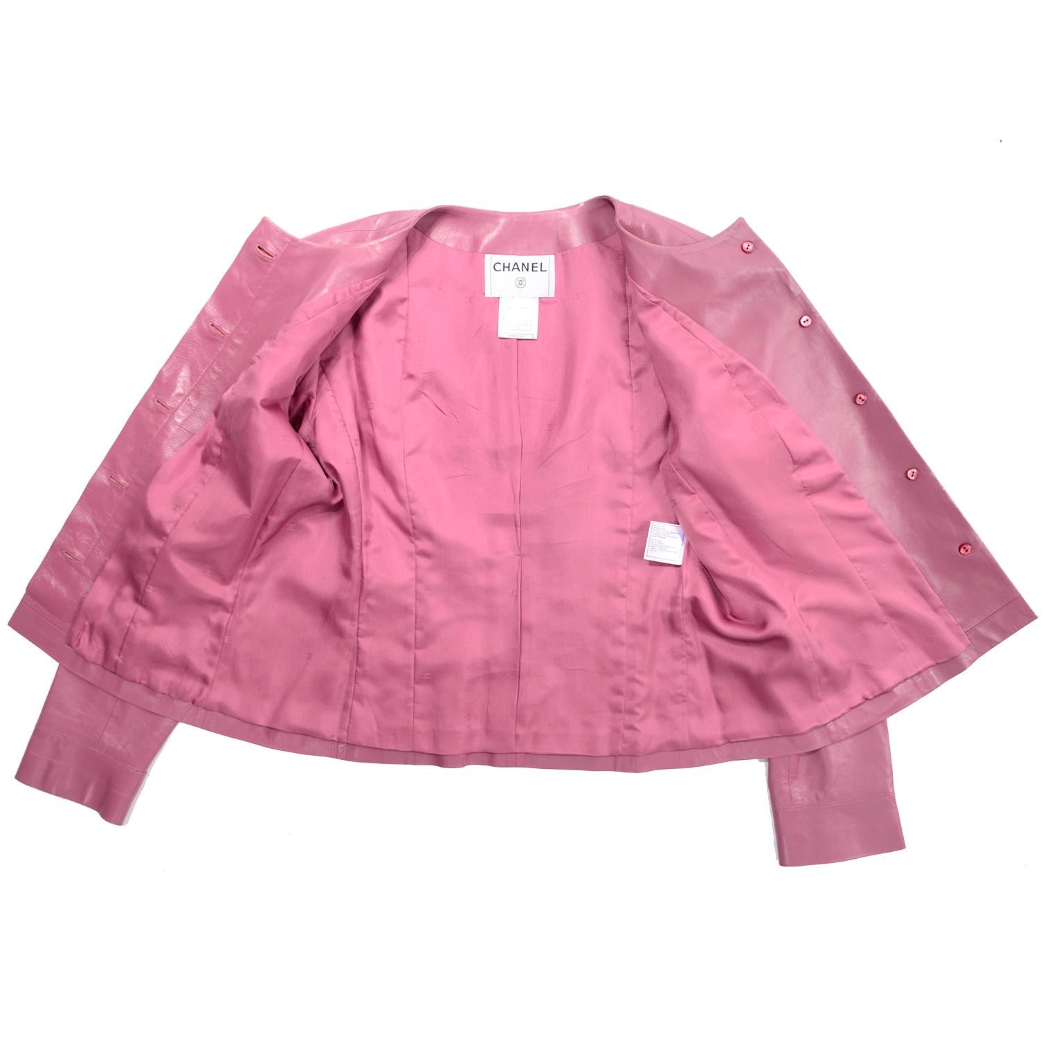 Chanel 2001 Cruise Pink Collarless Lambskin Leather Jacket W Gold Star Cutouts In Good Condition In Portland, OR