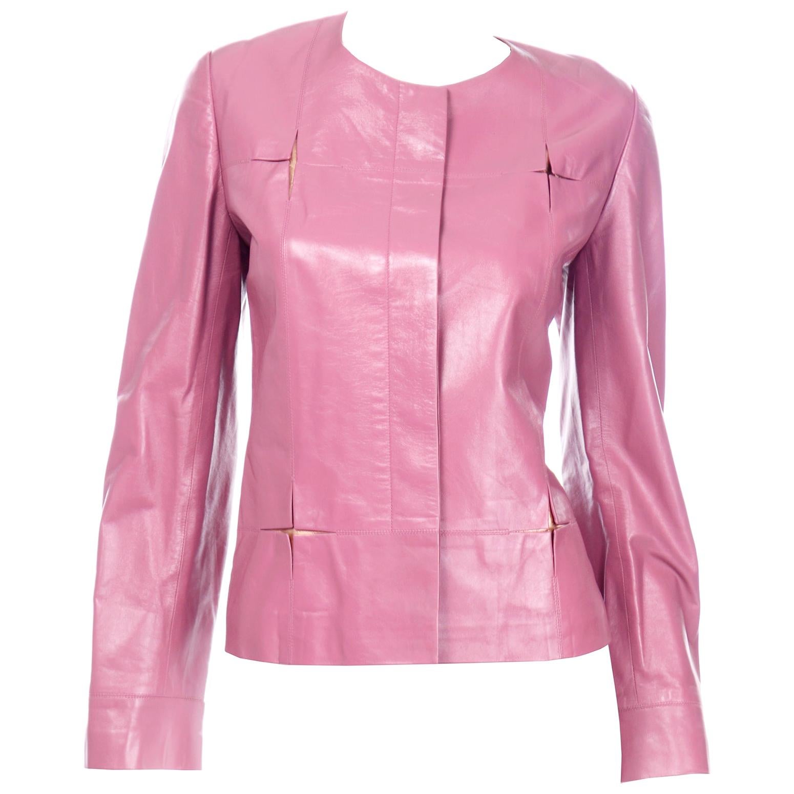 Chanel 2001 Cruise Pink Collarless Lambskin Leather Jacket W Gold Star Cutouts