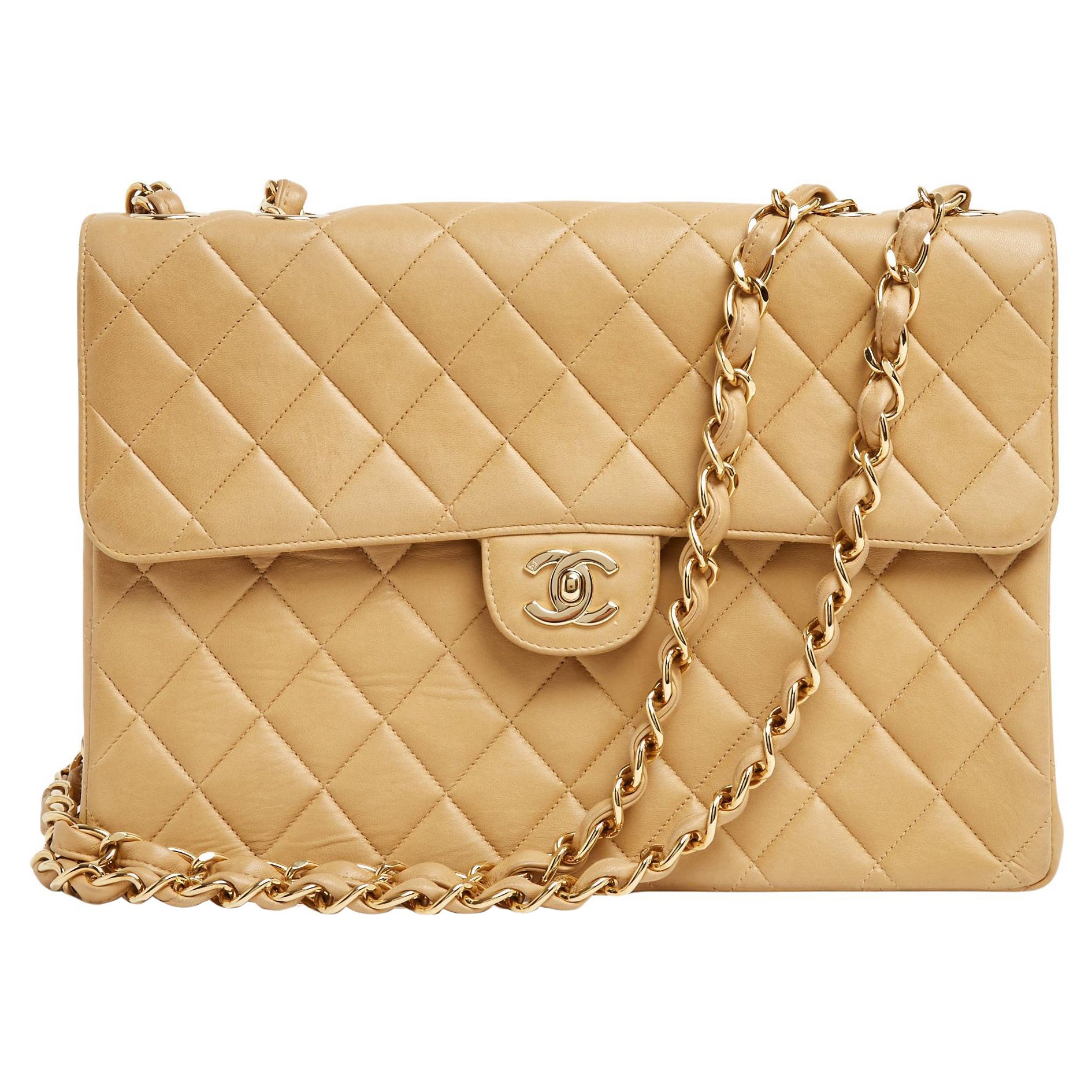 Chanel 2001 Grand Sac Classique CC Beige Leather Gold Timeless Classic Maxi Bag